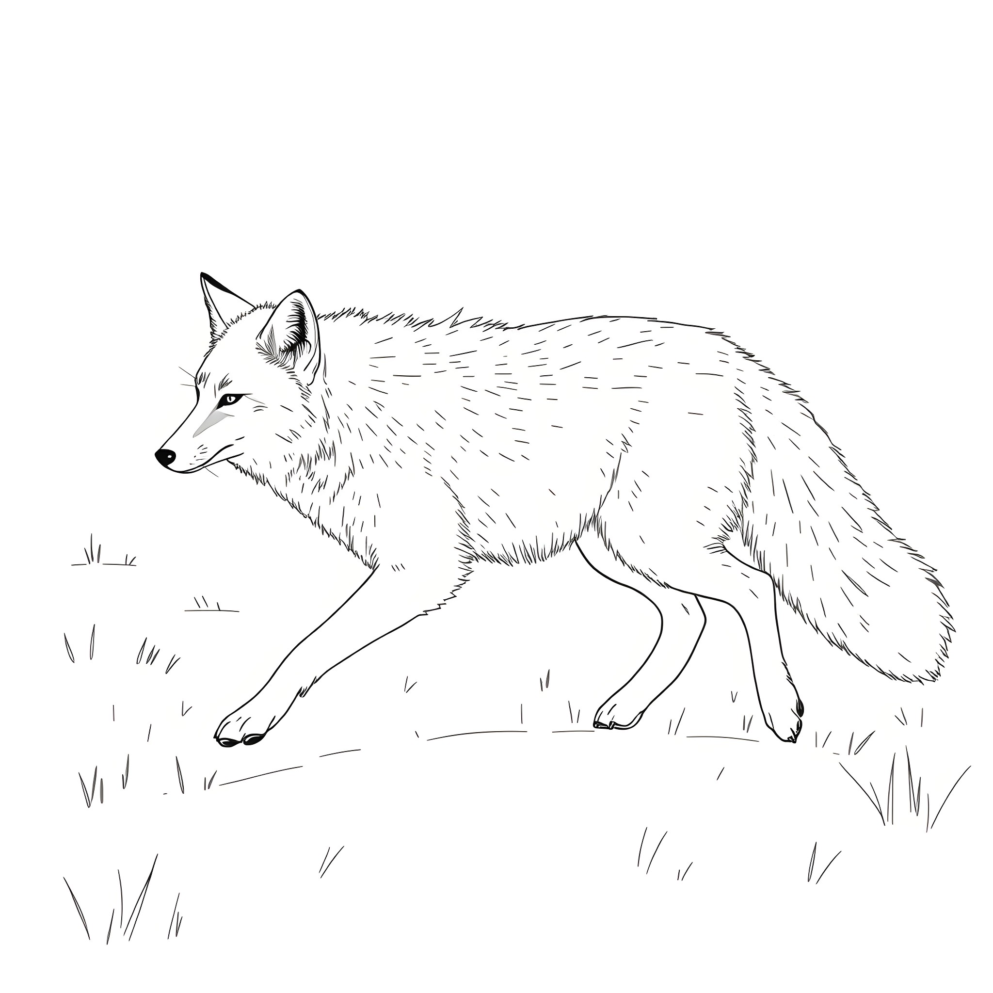 Fox walking calmly through the wilderness Coloring Page (free black-and-white line drawing printable PDF for all, from beginners to advanced learners, including children, teens, adults, and seniors)