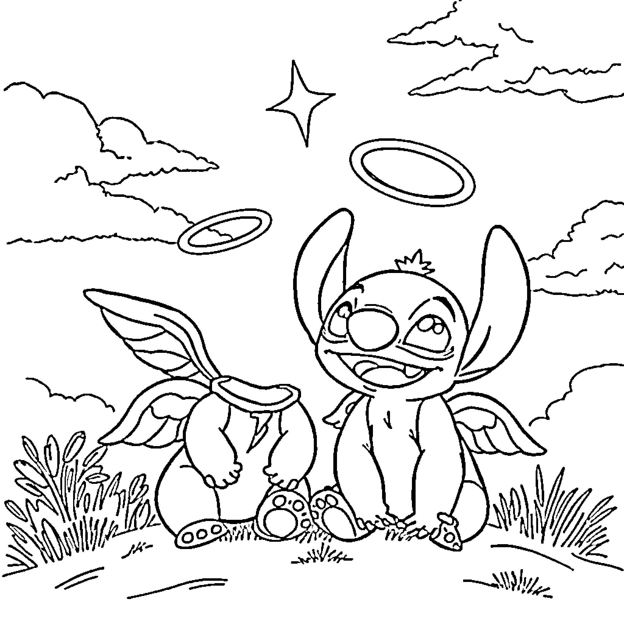 Stitch and companion enjoying the outdoors Coloring Page (free black-and-white line drawing printable PDF for all, from beginners to advanced learners, including children, teens, adults, and seniors)
