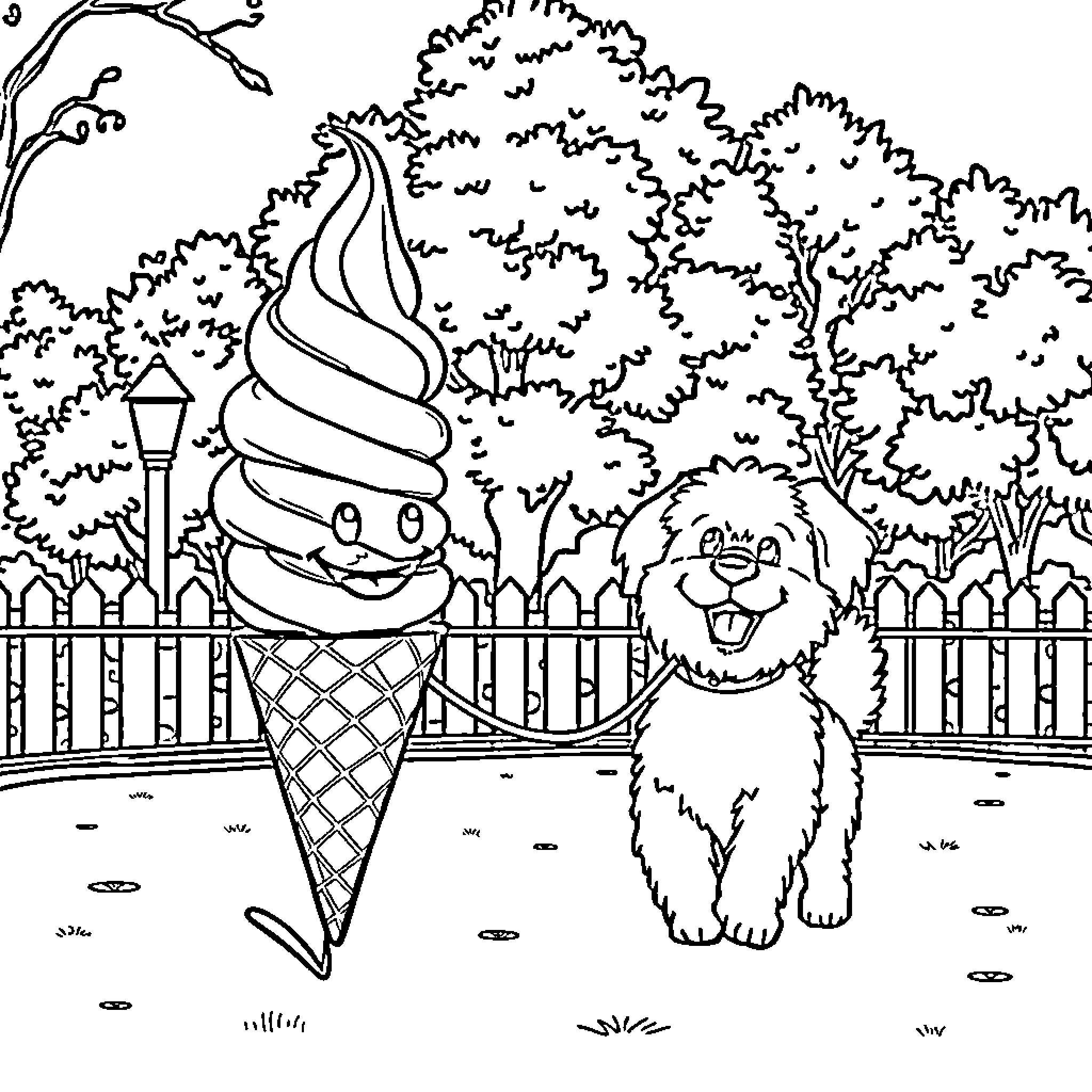 Ice Cream Cone and Playful Pup in Scenic Park Coloring Page (free black-and-white line drawing printable PDF for all, from beginners to advanced learners, including children, teens, adults, and seniors)