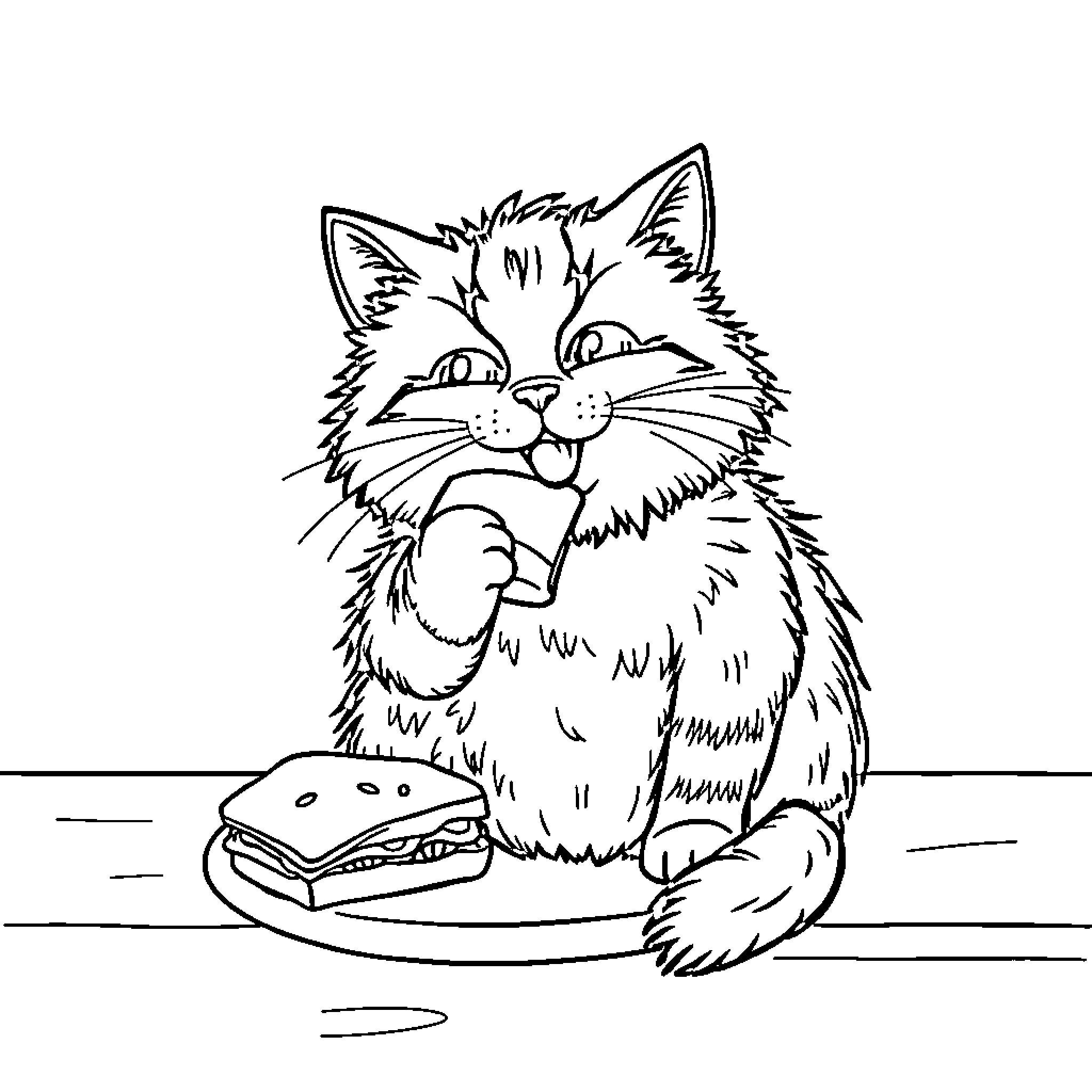 Cat enjoying a delicious meal Coloring Page (free black-and-white line drawing printable PDF for all, from beginners to advanced learners, including children, teens, adults, and seniors)