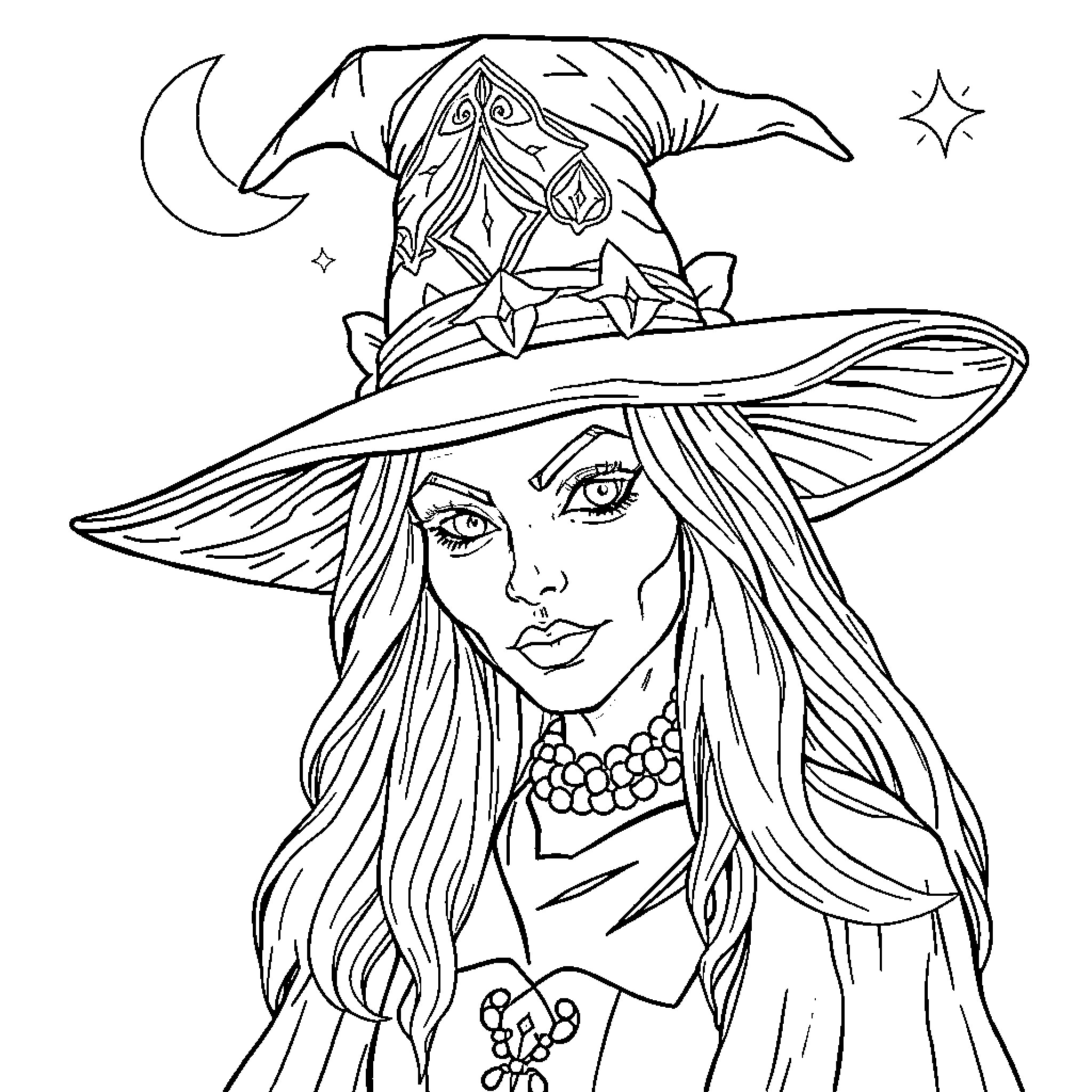 Bruxa - Enchanting Witch with Mystical Hat Coloring Page (free black-and-white line drawing printable PDF for all, from beginners to advanced learners, including children, teens, adults, and seniors)