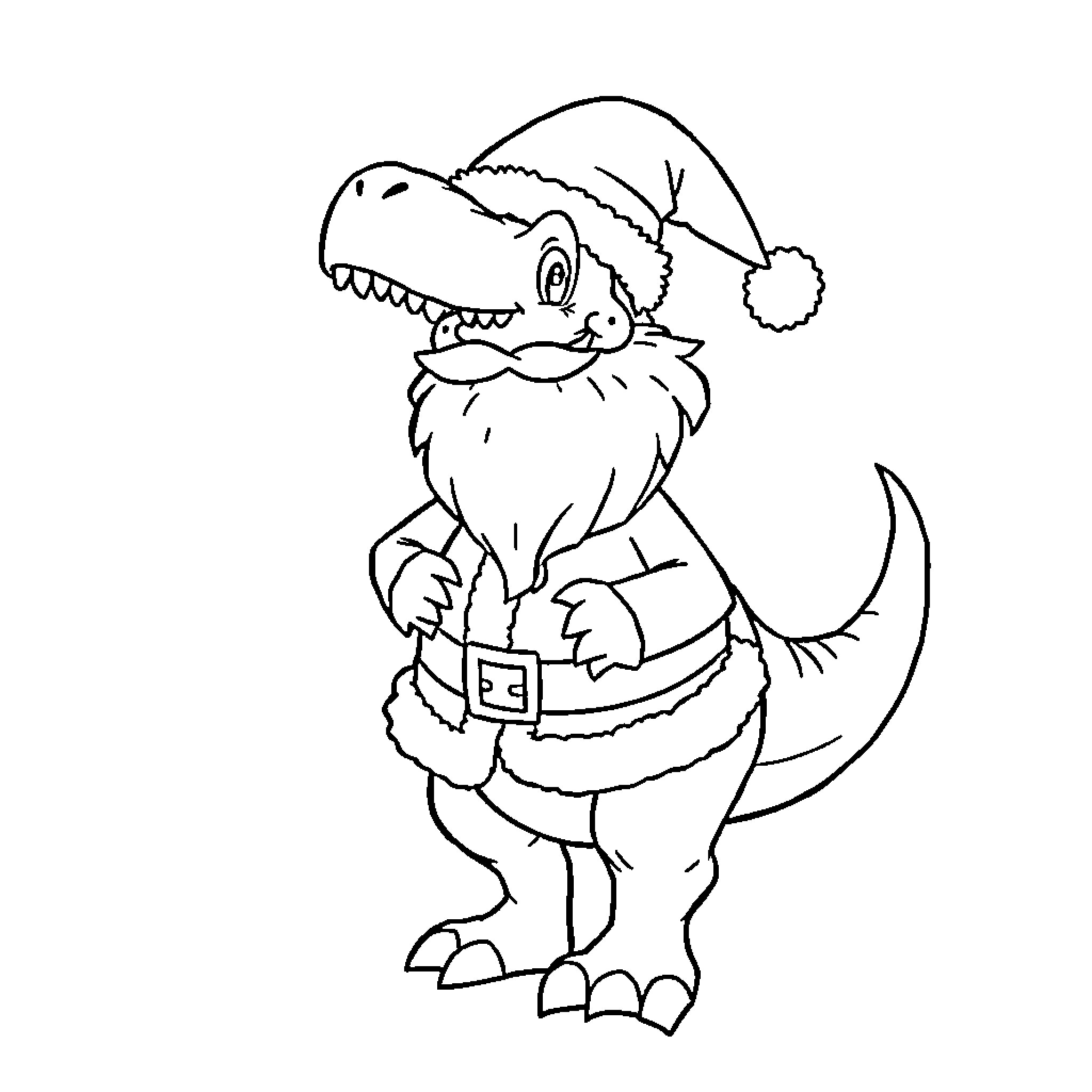 Dinosaur wearing a Santa hat and costume Coloring Page (free black-and-white line drawing printable PDF for all, from beginners to advanced learners, including children, teens, adults, and seniors)