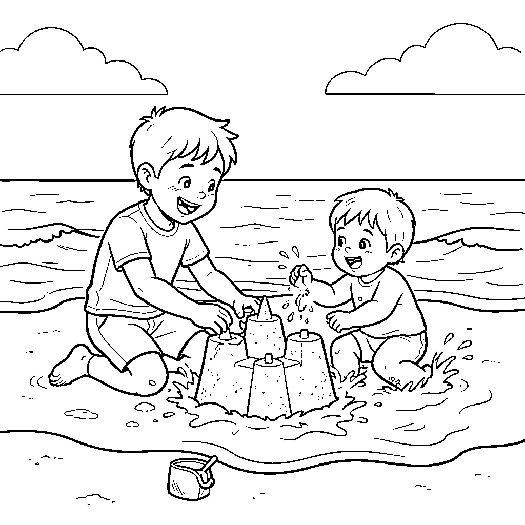 Brother building sandcastles together on the beach Coloring Page (free black-and-white line drawing printable PDF for all, from beginners to advanced learners, including children, teens, adults, and seniors)