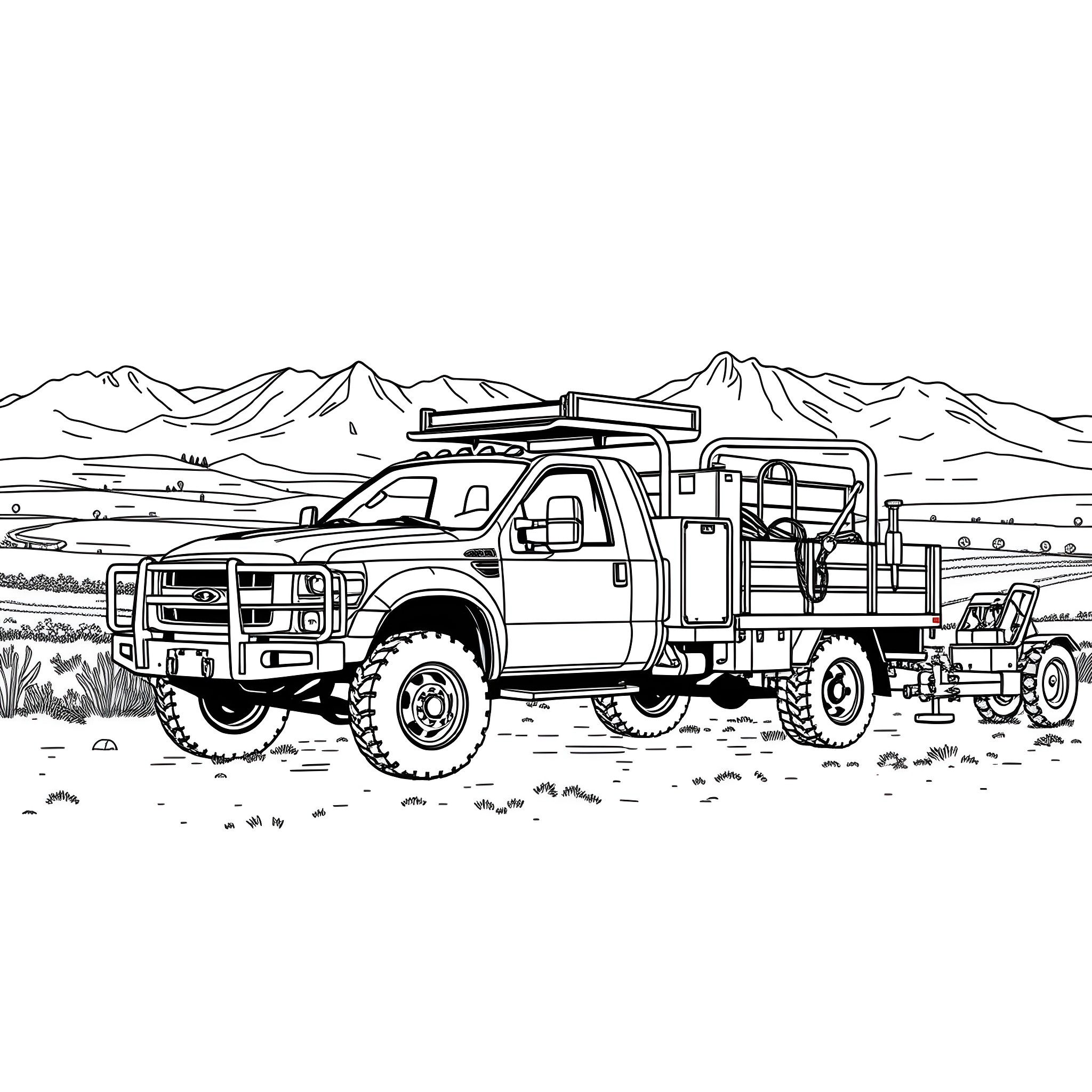 Utility Truck Equipped for Mountain Terrain Coloring Page (free black-and-white line drawing printable PDF for all, from beginners to advanced learners, including children, teens, adults, and seniors)