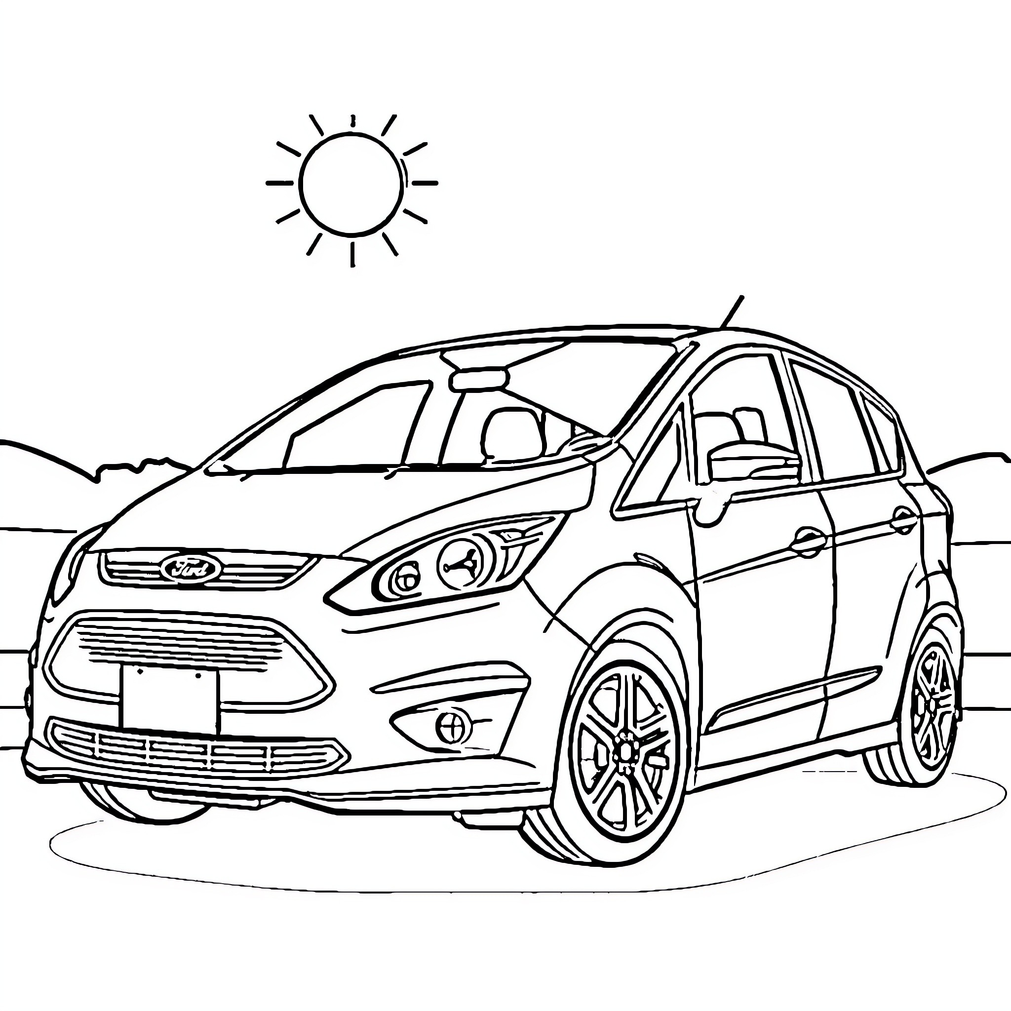 Ford vehicle in outdoor scene Coloring Page (free black-and-white line drawing printable PDF for all, from beginners to advanced learners, including children, teens, adults, and seniors)