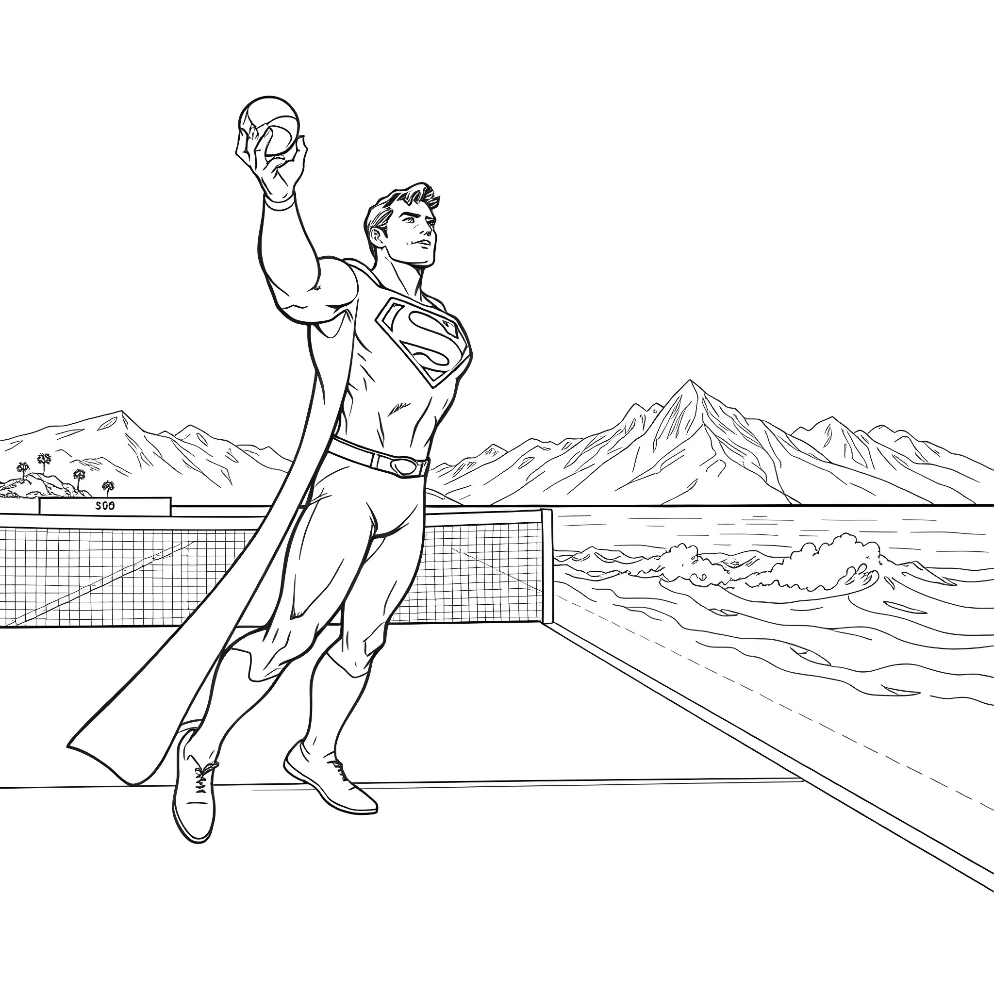 Superman in action pose by the ocean Coloring Page (free black-and-white line drawing printable PDF for all, from beginners to advanced learners, including children, teens, adults, and seniors)