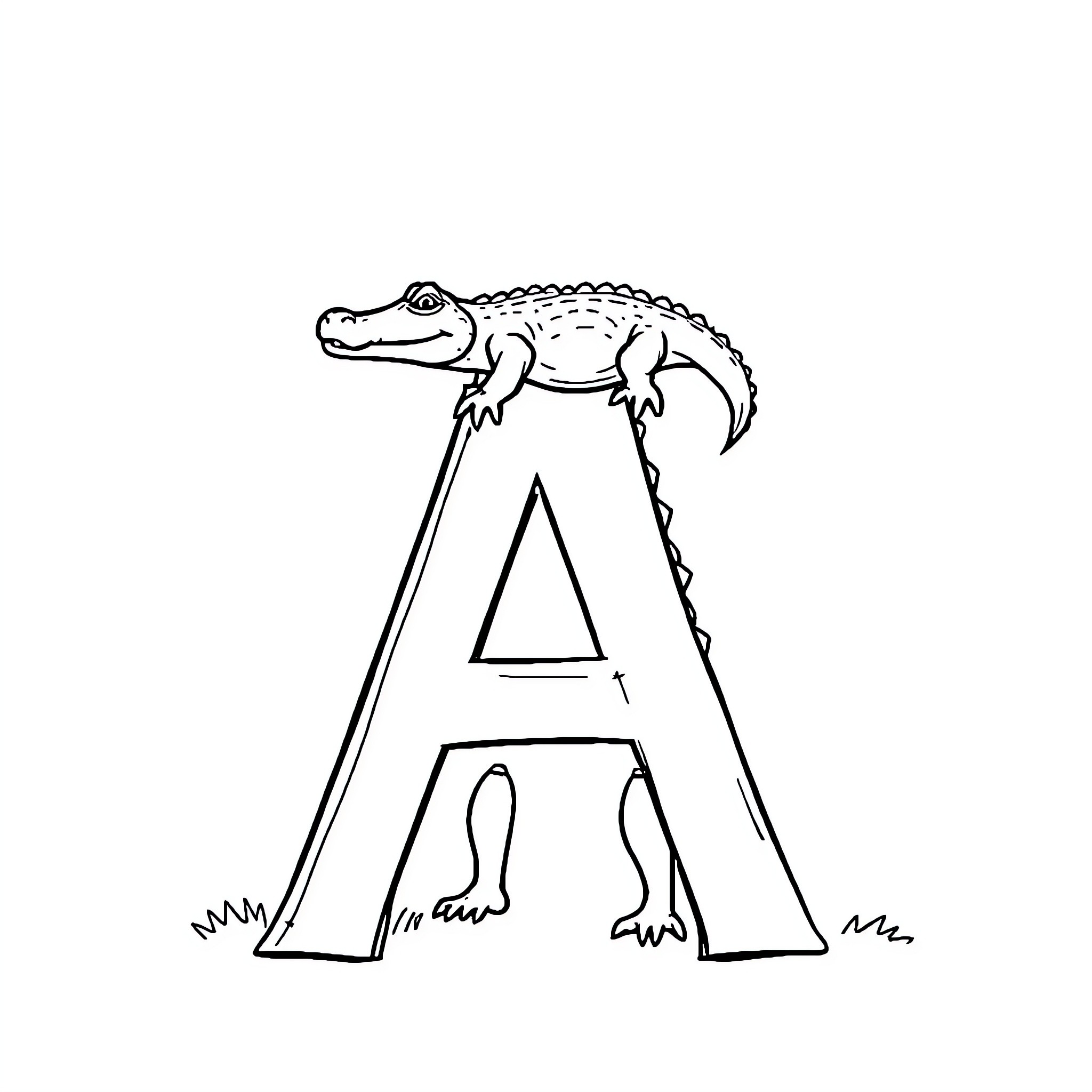 Alligator standing on letter A Coloring Page (free black-and-white line drawing printable PDF for all, from beginners to advanced learners, including children, teens, adults, and seniors)