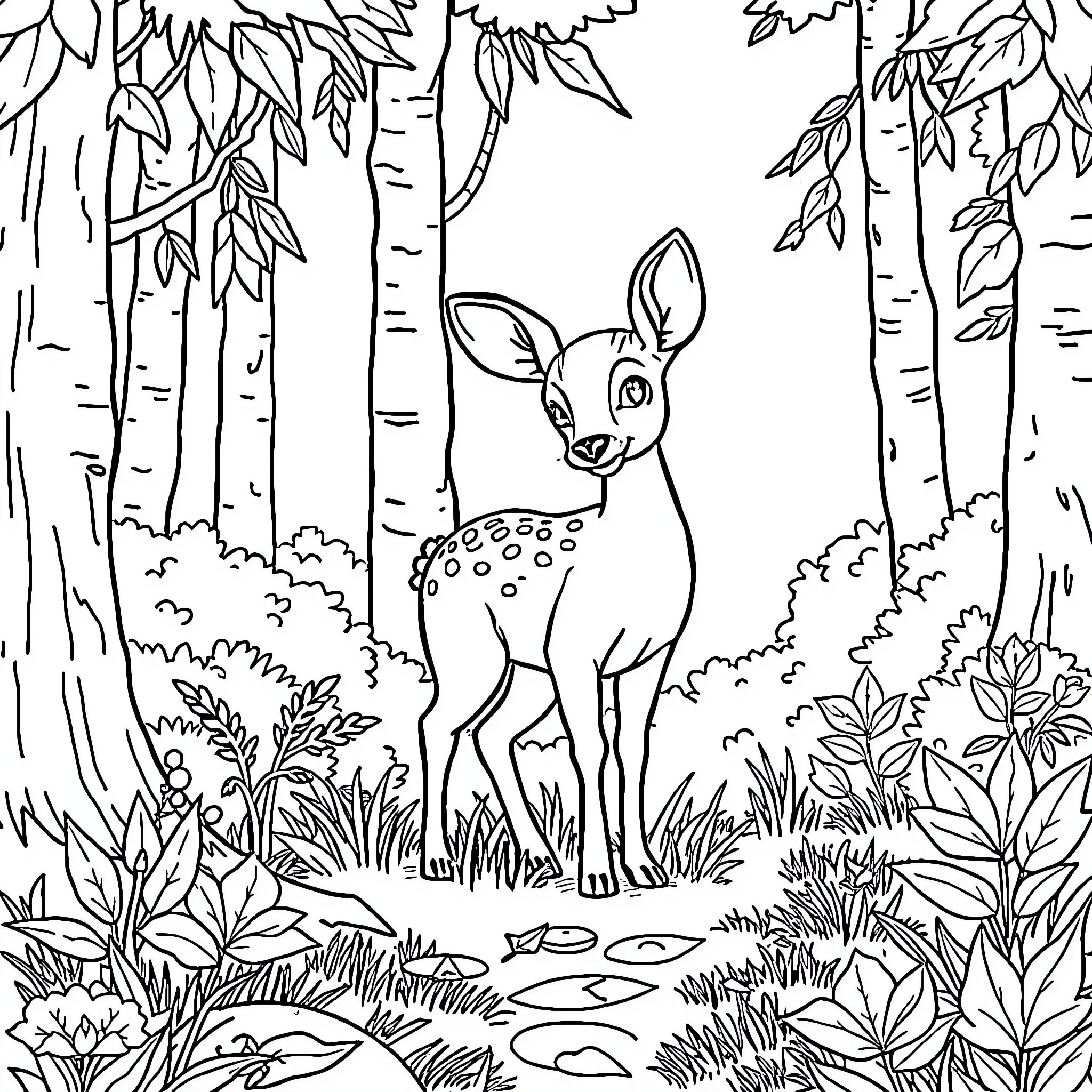 Mouse Deer exploring lush forest landscape Coloring Page (free black-and-white line drawing printable PDF for all, from beginners to advanced learners, including children, teens, adults, and seniors)