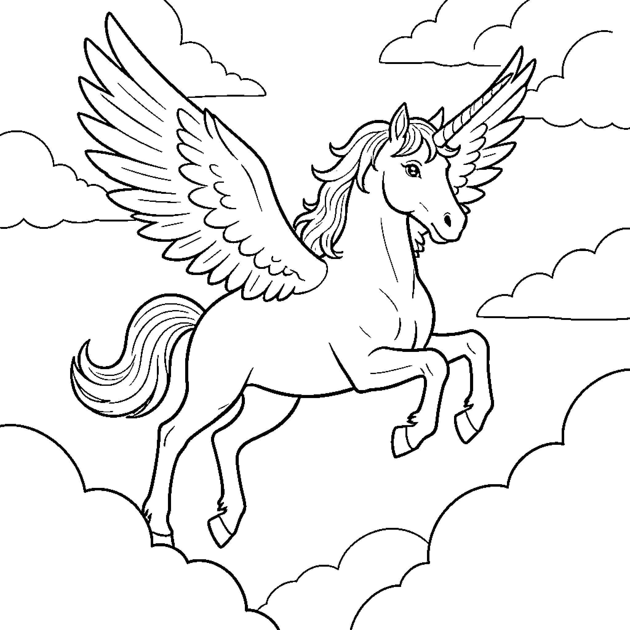 Unicorn flying gracefully through the clouds Coloring Page (free black-and-white line drawing printable PDF for all, from beginners to advanced learners, including children, teens, adults, and seniors)