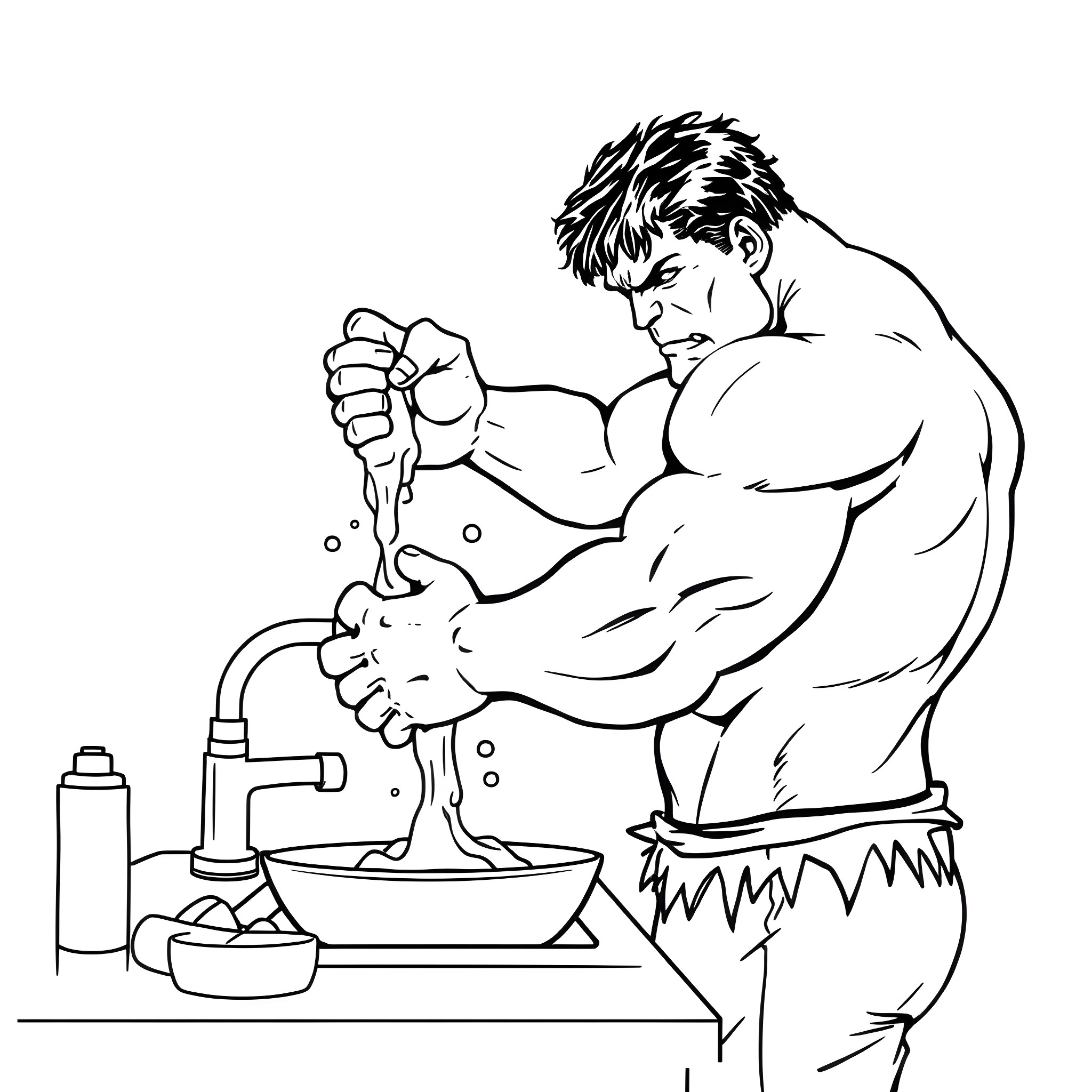 Hulk Washing His Hands Vigorously in the Sink Coloring Page (free black-and-white line drawing printable PDF for all, from beginners to advanced learners, including children, teens, adults, and seniors)