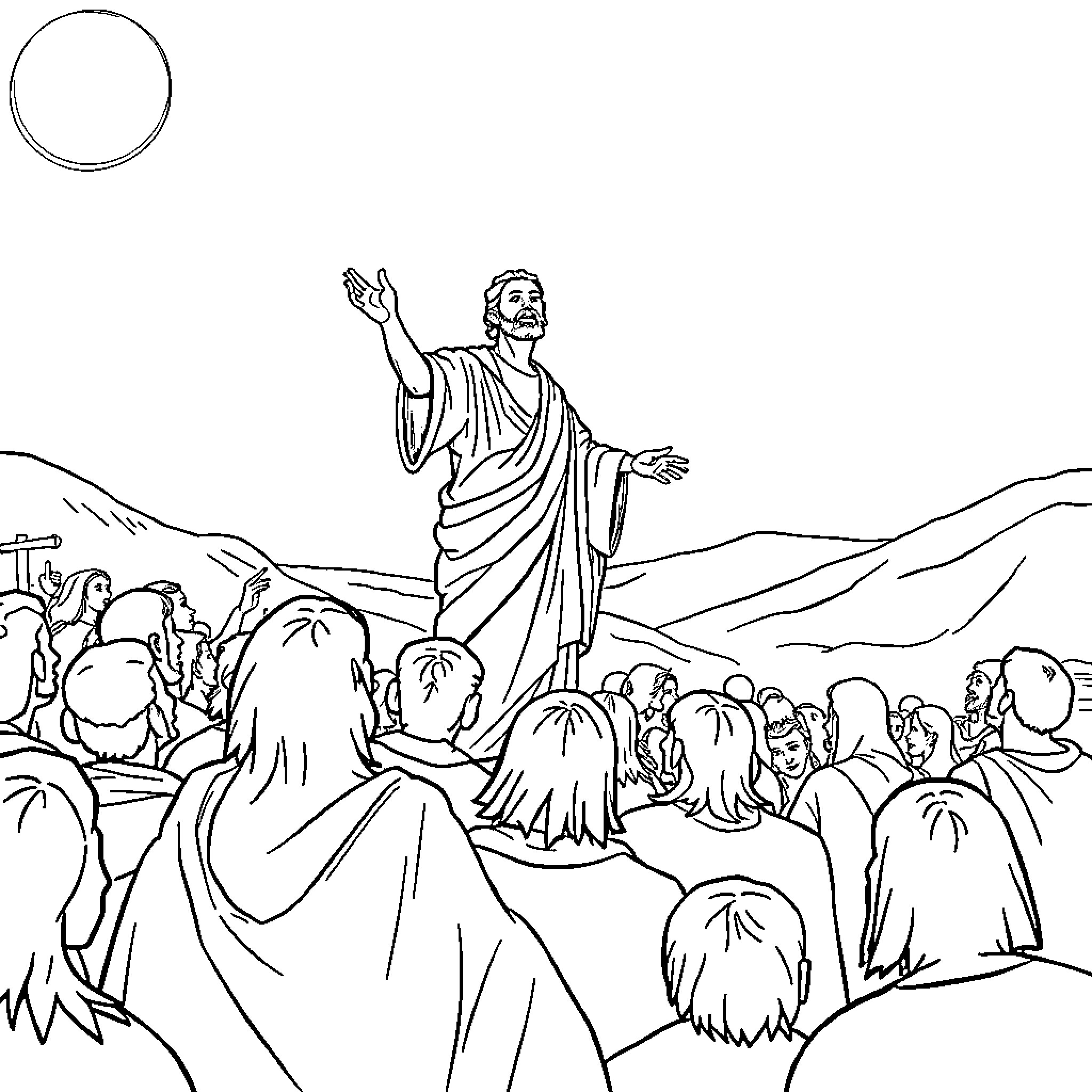 Apostle James Addressing a Crowd in the Wilderness Coloring Page (free black-and-white line drawing printable PDF for all, from beginners to advanced learners, including children, teens, adults, and seniors)