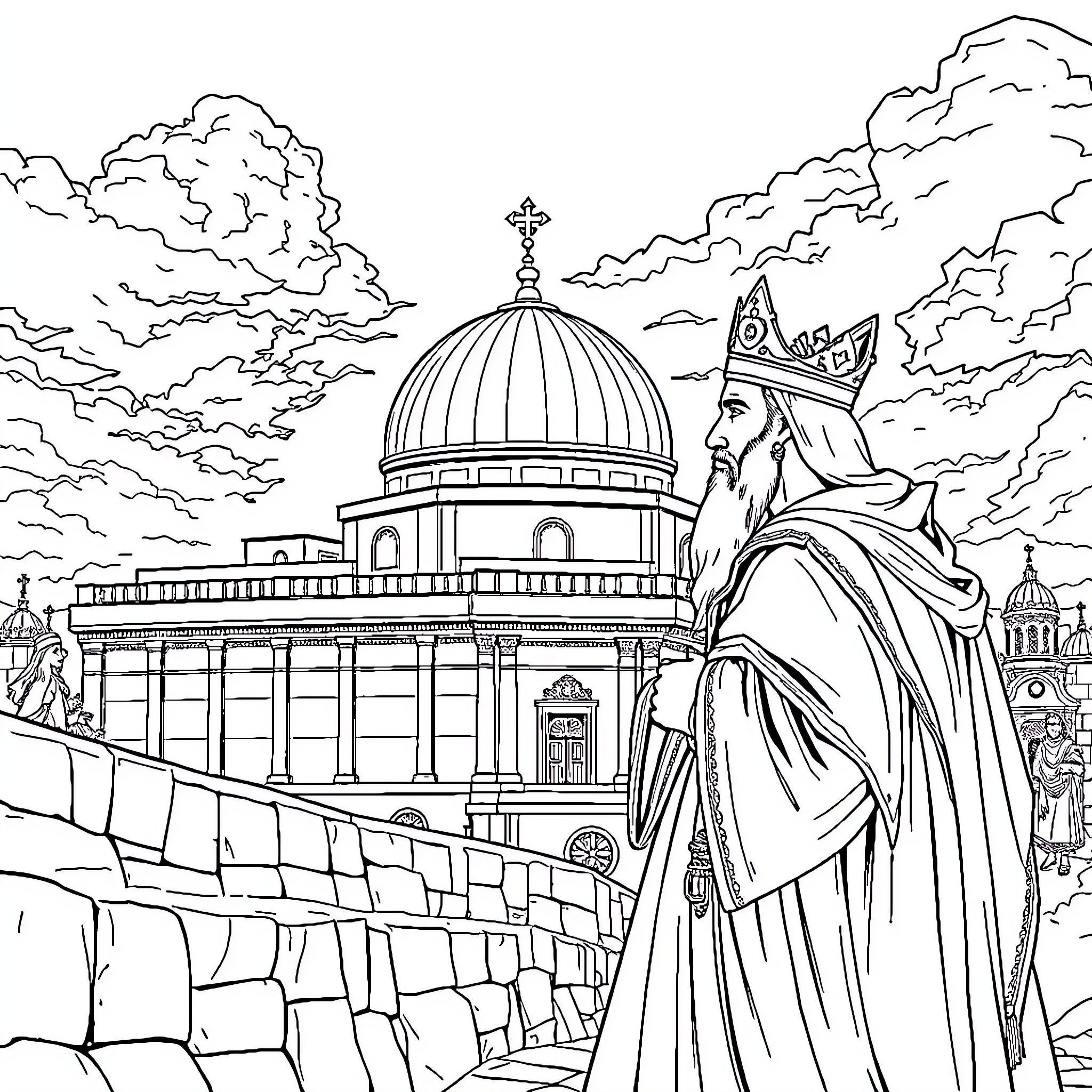 Beth Hamikdash: Majestic Temple, Spiritual Leader Coloring Page (free black-and-white line drawing printable PDF for all, from beginners to advanced learners, including children, teens, adults, and seniors)