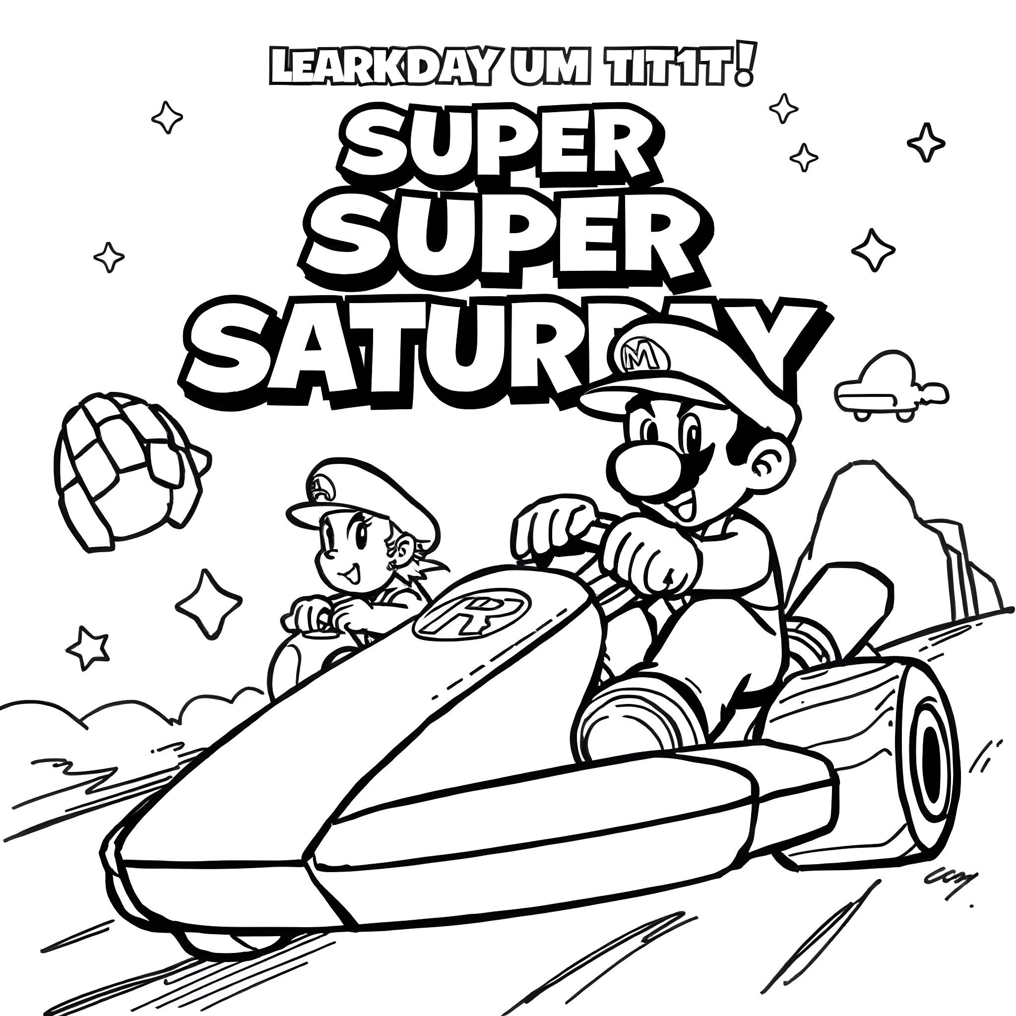 Super Smash Brothers characters racing in a Super Saturday scene Coloring Page (free black-and-white line drawing printable PDF for all, from beginners to advanced learners, including children, teens, adults, and seniors)
