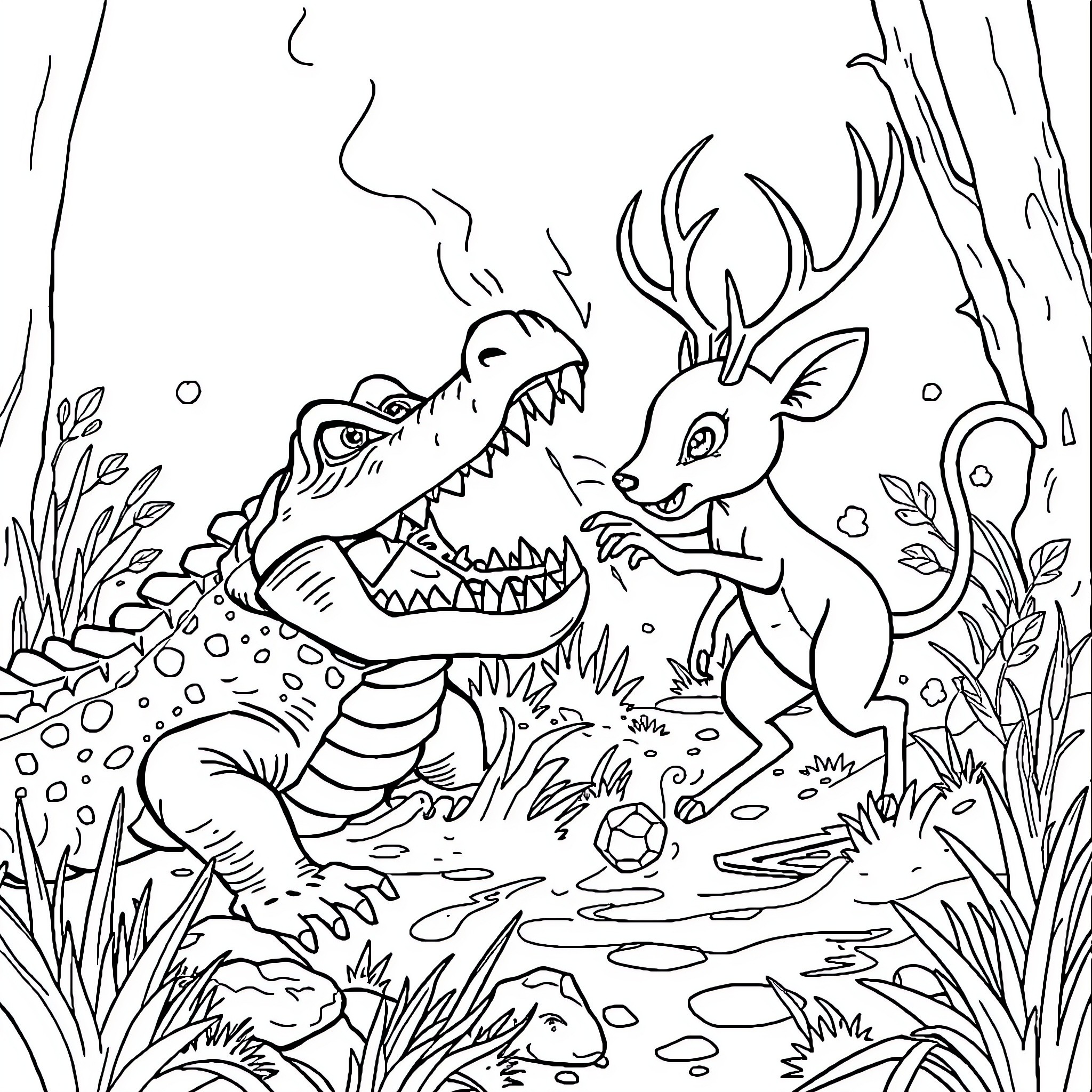 Crocodile encounters deer in forest habitat Coloring Page (free black-and-white line drawing printable PDF for all, from beginners to advanced learners, including children, teens, adults, and seniors)