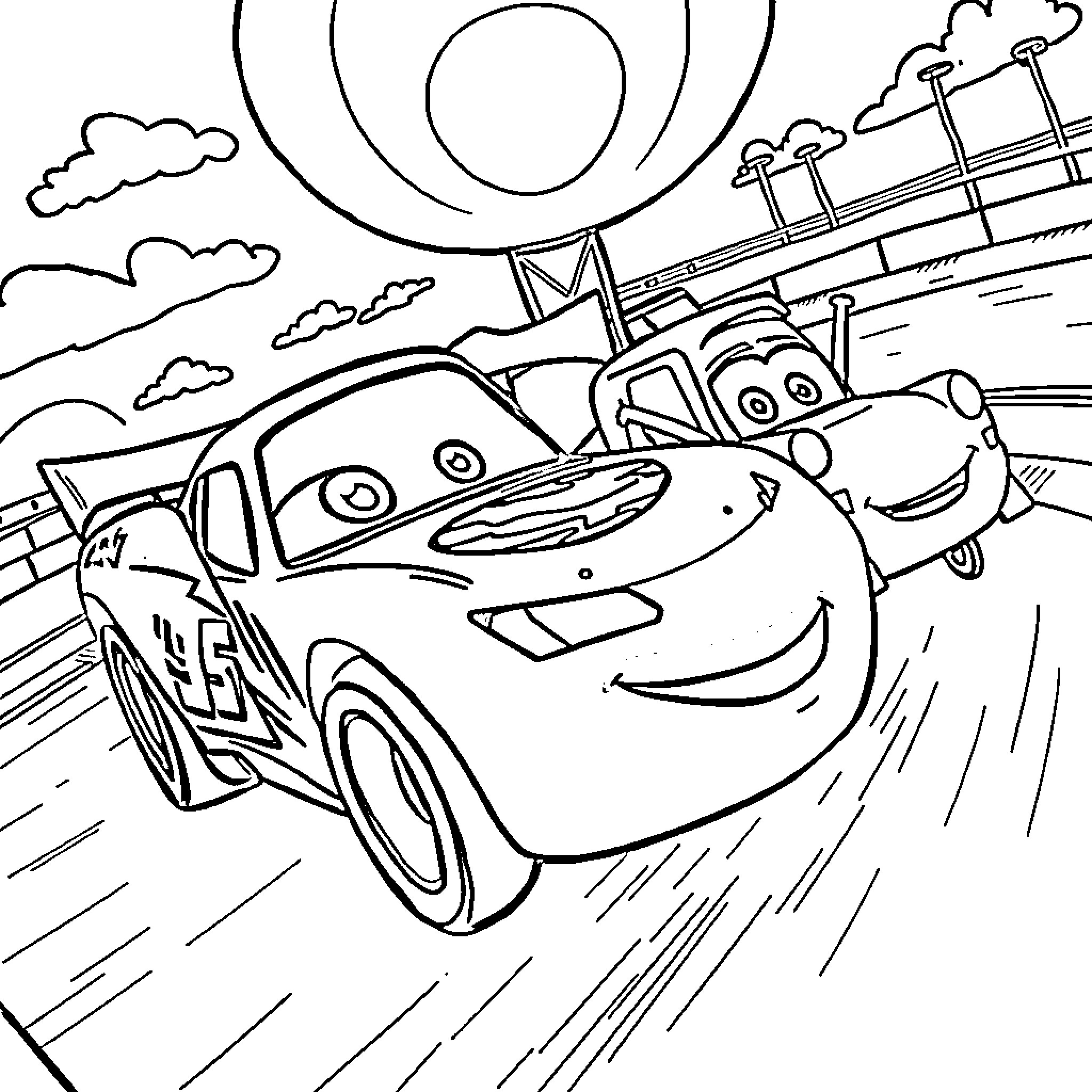 Lightning McQueen racing on the track with friends Coloring Page (free black-and-white line drawing printable PDF for all, from beginners to advanced learners, including children, teens, adults, and seniors)