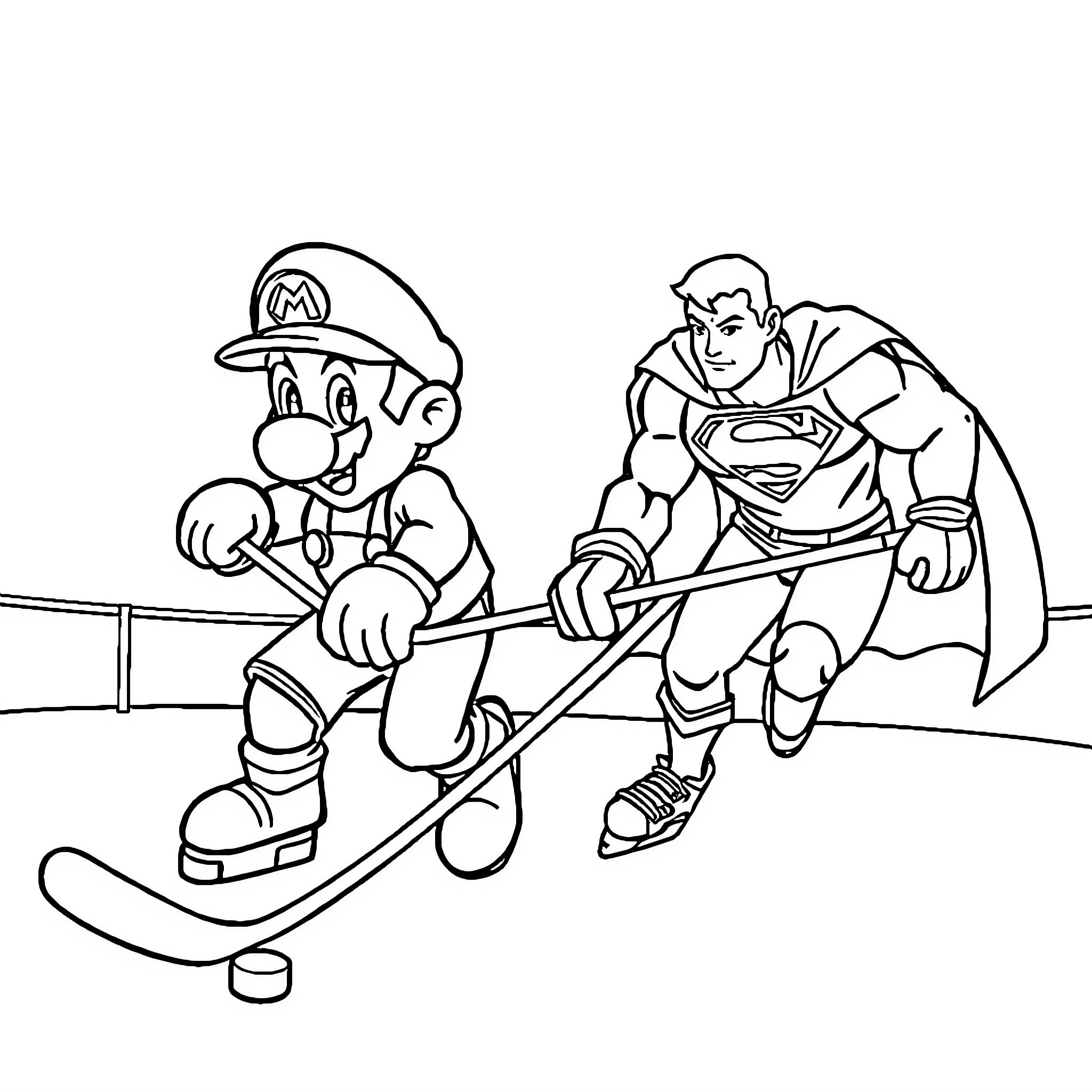 Mario and Superman Skateboarding Together Coloring Page (free black-and-white line drawing printable PDF for all, from beginners to advanced learners, including children, teens, adults, and seniors)