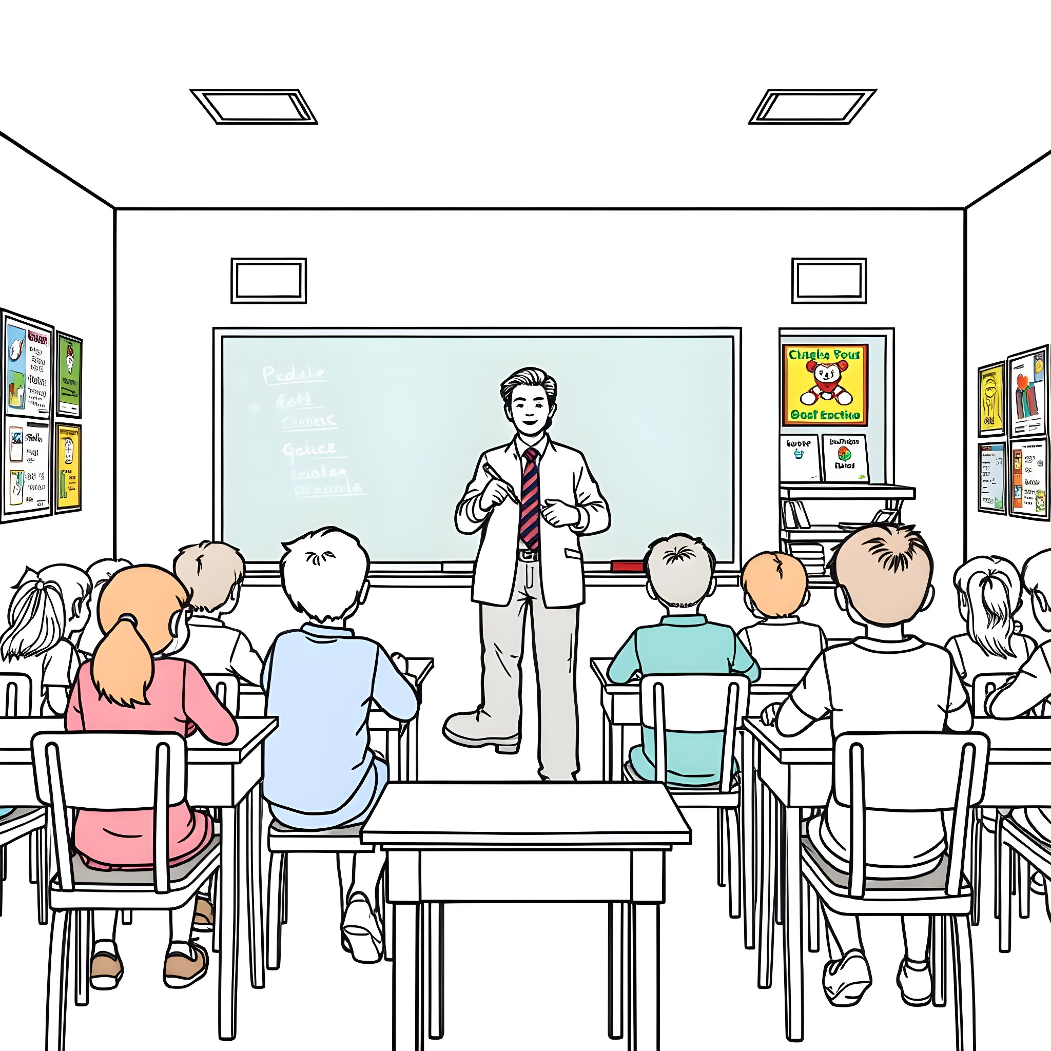 Teacher Presenting Lesson to Students in Classroom Coloring Page (free black-and-white line drawing printable PDF for all, from beginners to advanced learners, including children, teens, adults, and seniors)