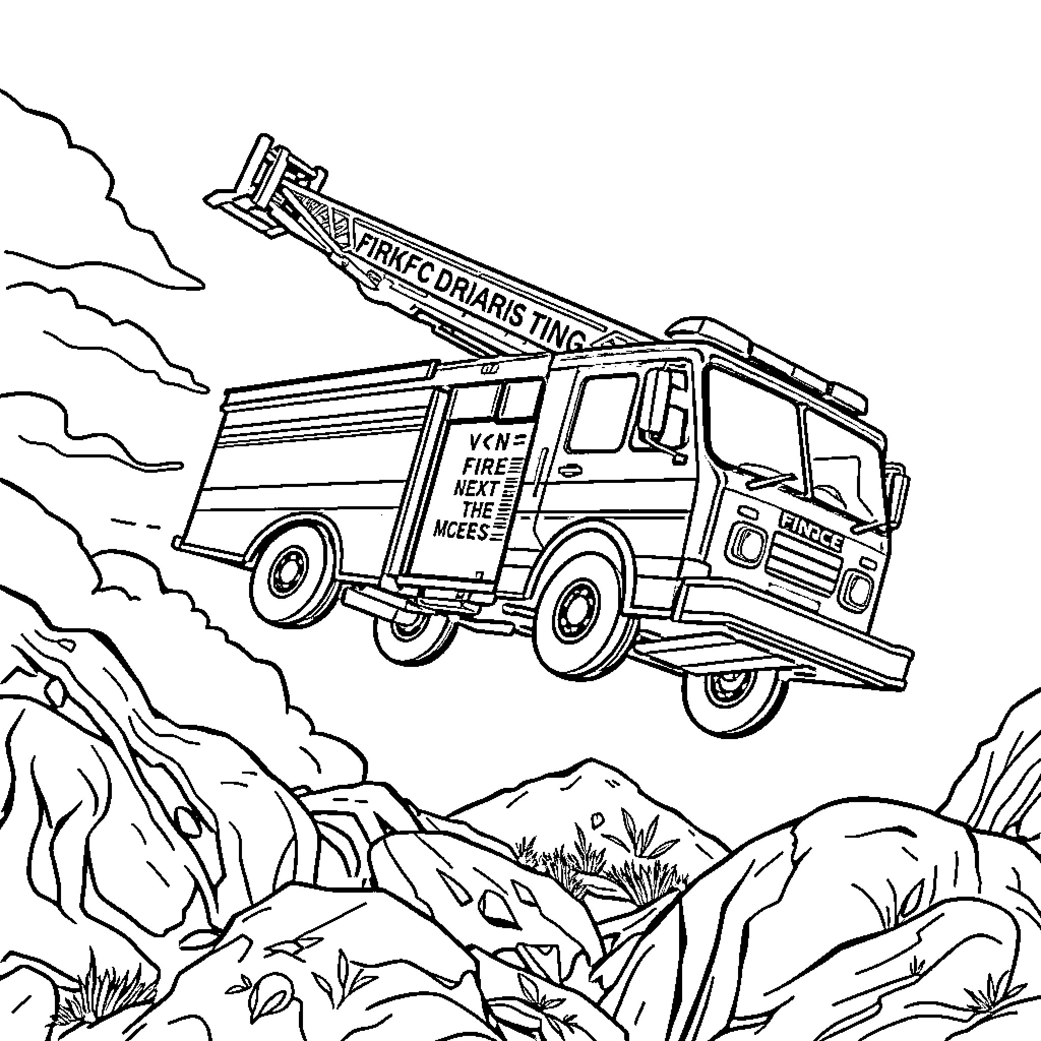 Firetruck rushing to the rescue in mountainous terrain Coloring Page (free black-and-white line drawing printable PDF for all, from beginners to advanced learners, including children, teens, adults, and seniors)
