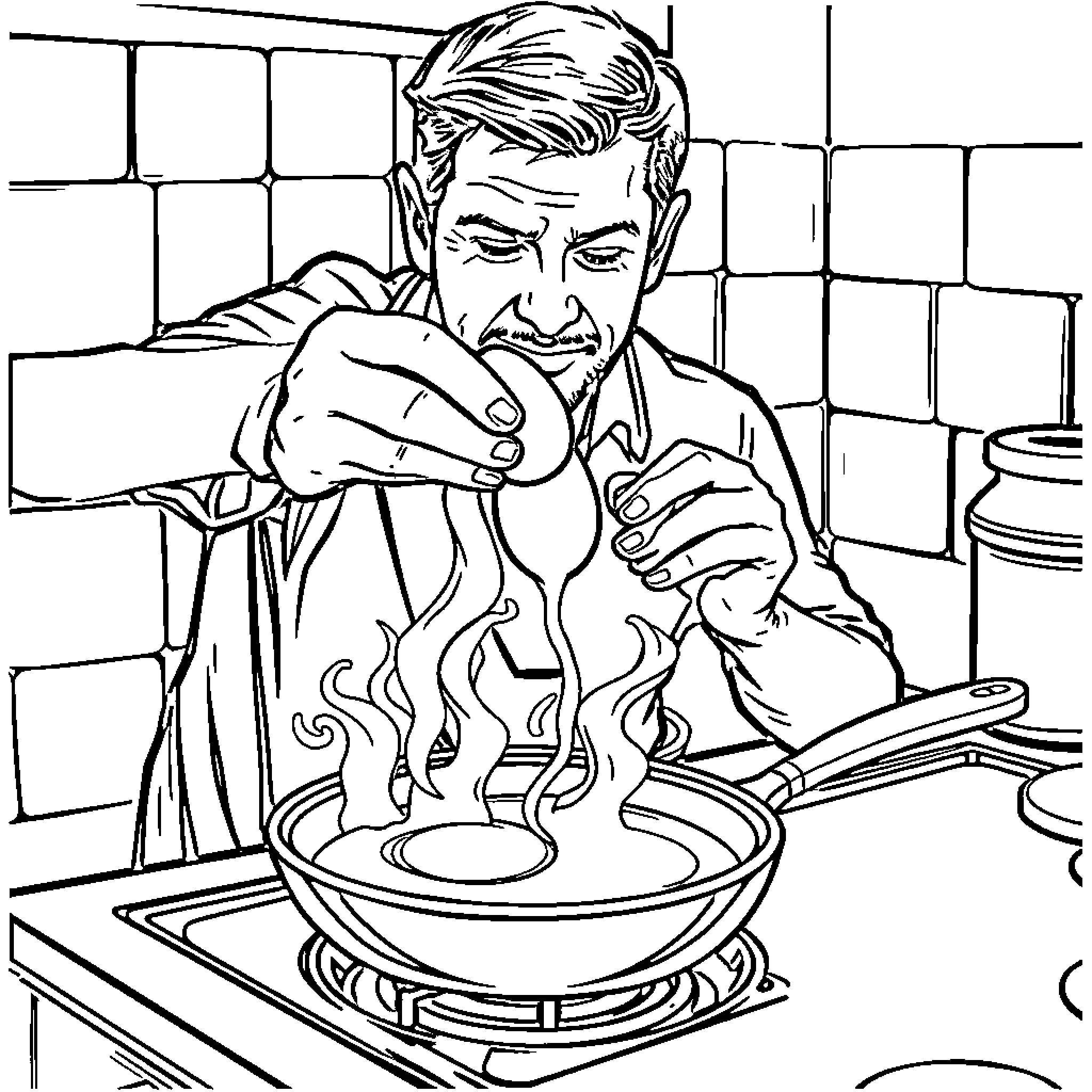 Man cooking a meal in the kitchen Coloring Page (free black-and-white line drawing printable PDF for all, from beginners to advanced learners, including children, teens, adults, and seniors)