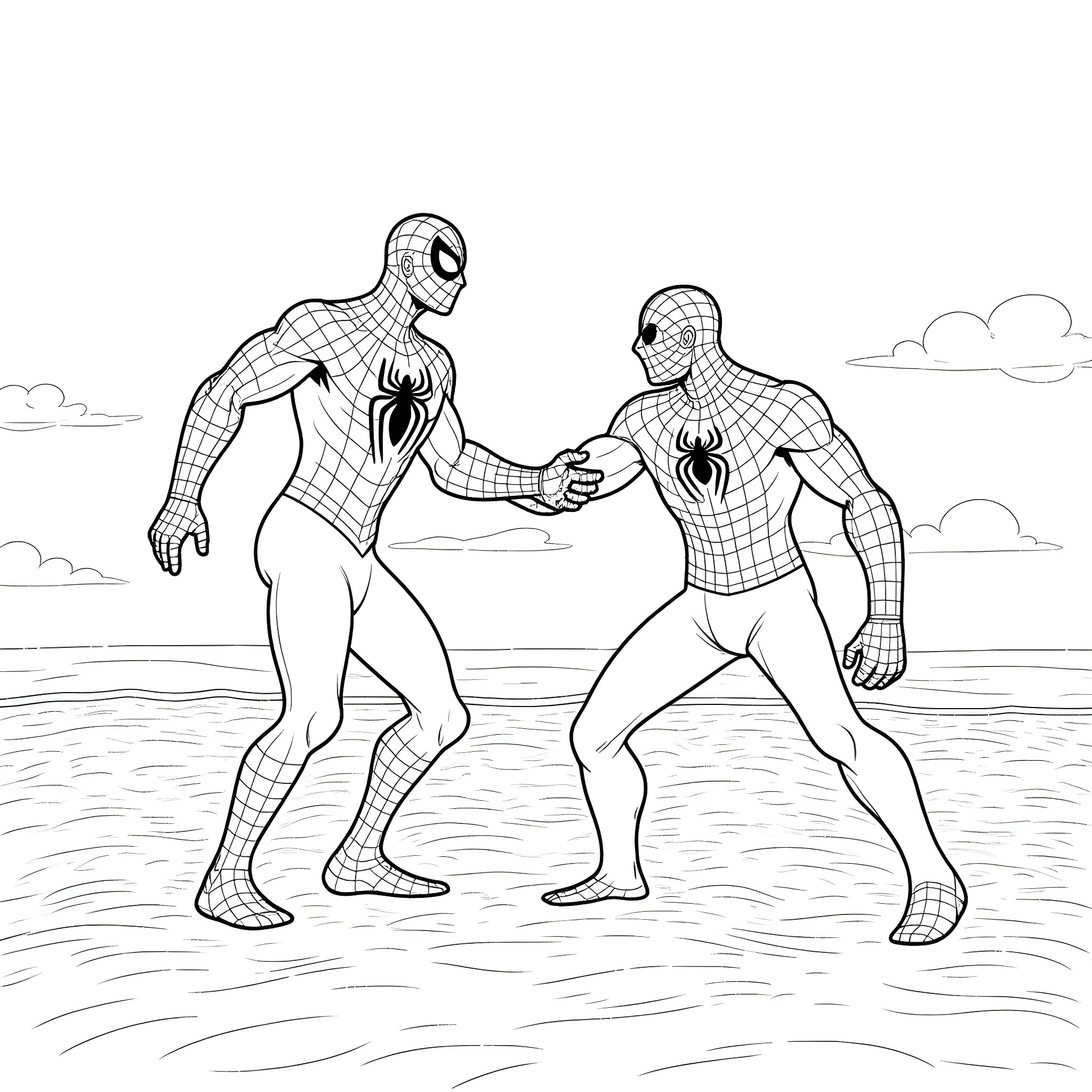 Spiderman characters in action pose on the beach Coloring Page (free black-and-white line drawing printable PDF for all, from beginners to advanced learners, including children, teens, adults, and seniors)