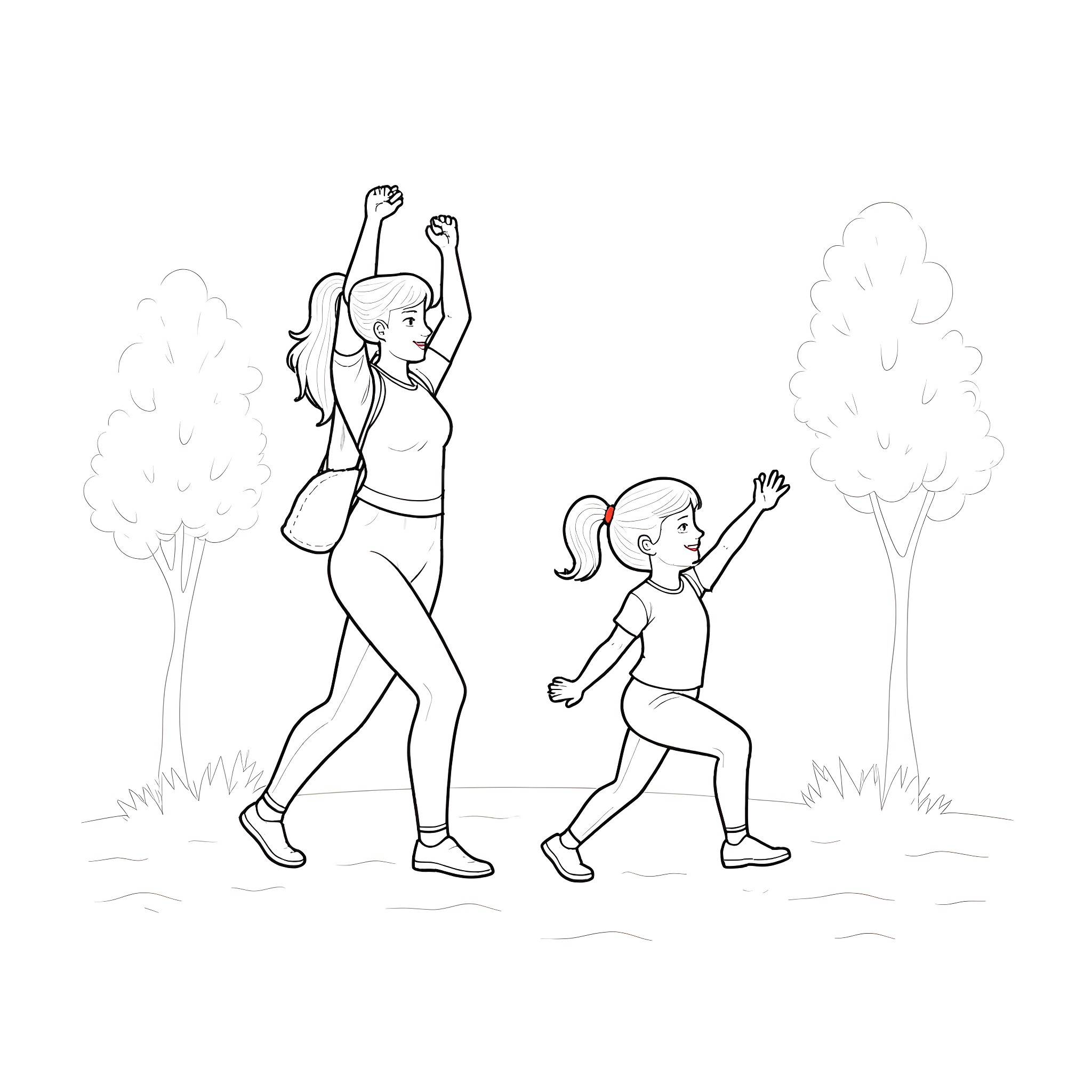 Peach Siblings Enjoying Outdoor Play Coloring Page (free black-and-white line drawing printable PDF for all, from beginners to advanced learners, including children, teens, adults, and seniors)