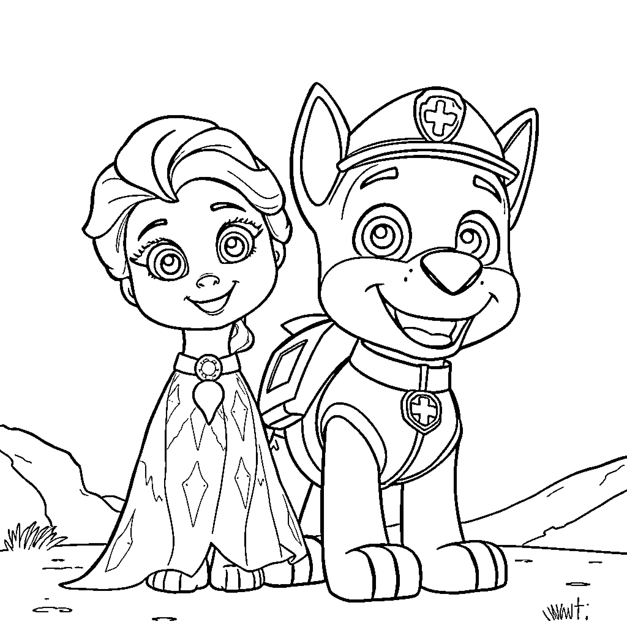 Sky Pups on an Adventure Coloring Page (free black-and-white line drawing printable PDF for all, from beginners to advanced learners, including children, teens, adults, and seniors)