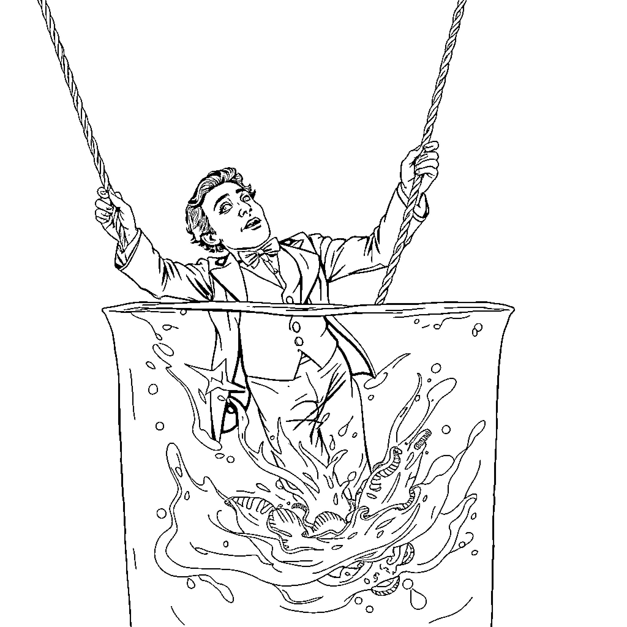 Harry Houdini's Daring Escape From Watery Entrapment Coloring Page (free black-and-white line drawing printable PDF for all, from beginners to advanced learners, including children, teens, adults, and seniors)