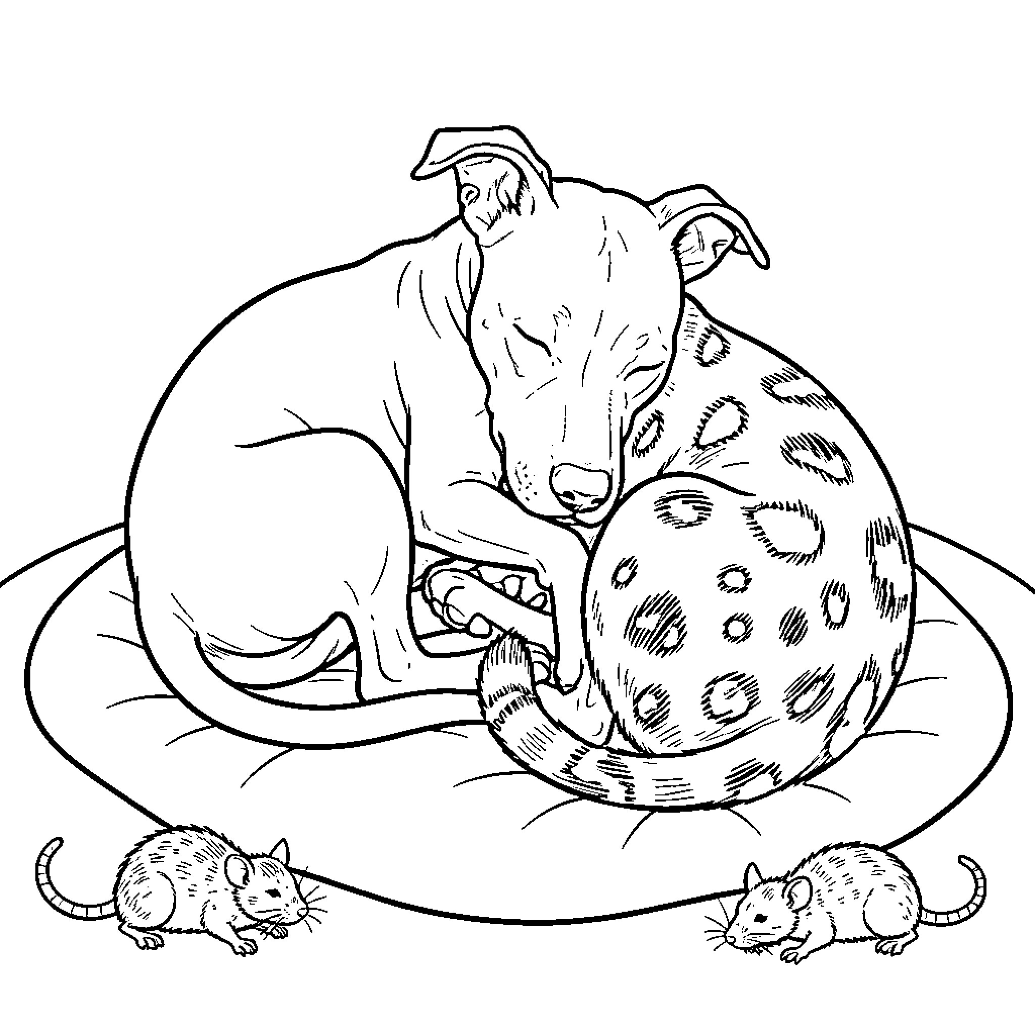 Pit Bull sleeping peacefully with small mice nearby Coloring Page (free black-and-white line drawing printable PDF for all, from beginners to advanced learners, including children, teens, adults, and seniors)