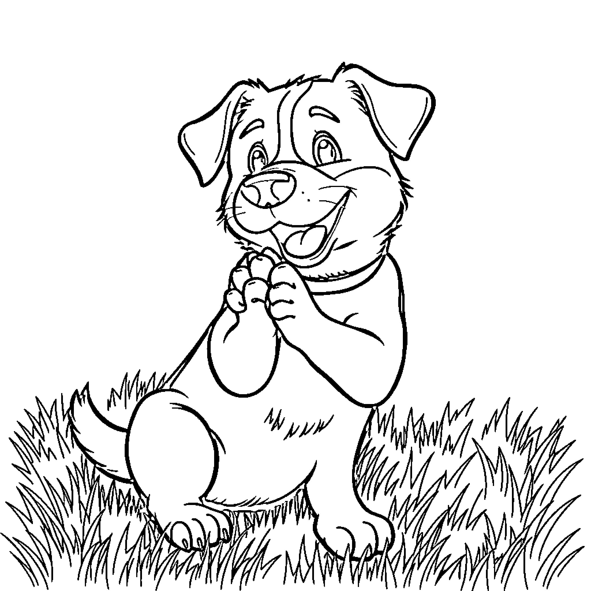 Dog posing happily in the grass Coloring Page (free black-and-white line drawing printable PDF for all, from beginners to advanced learners, including children, teens, adults, and seniors)