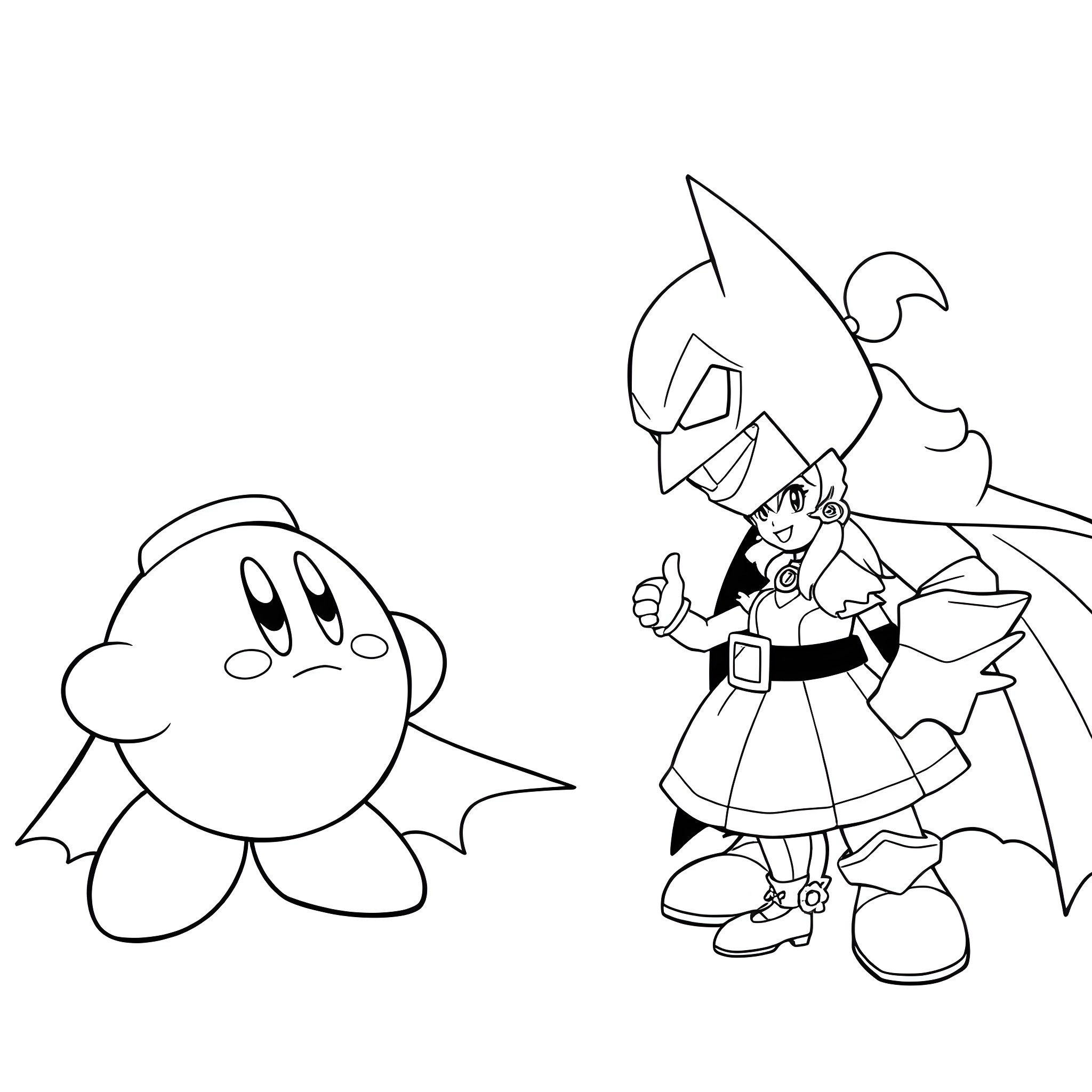 Kirby encountering a mysterious warrior Coloring Page (free black-and-white line drawing printable PDF for all, from beginners to advanced learners, including children, teens, adults, and seniors)
