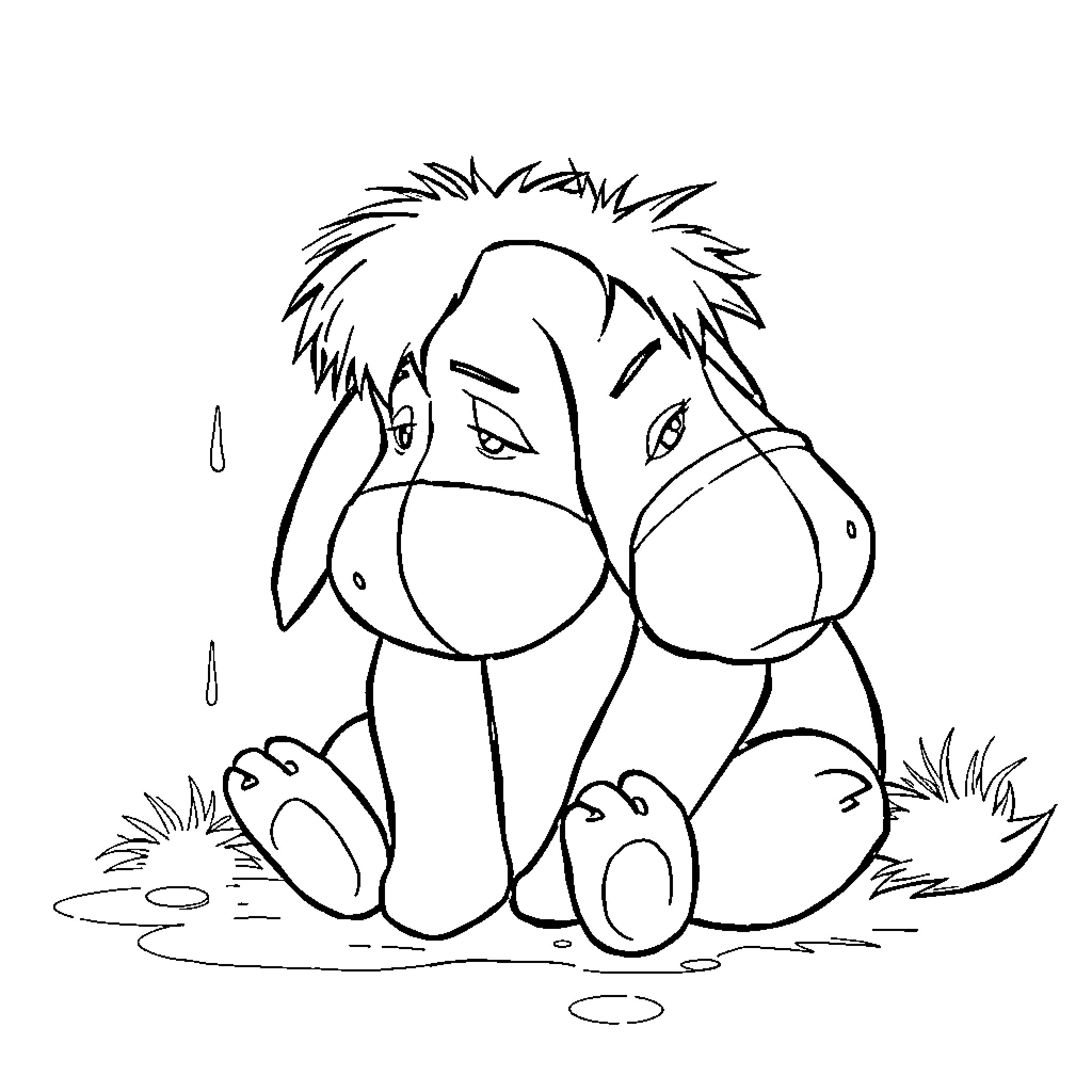 Eeyore sitting sadly in the rain Coloring Page (free black-and-white line drawing printable PDF for all, from beginners to advanced learners, including children, teens, adults, and seniors)