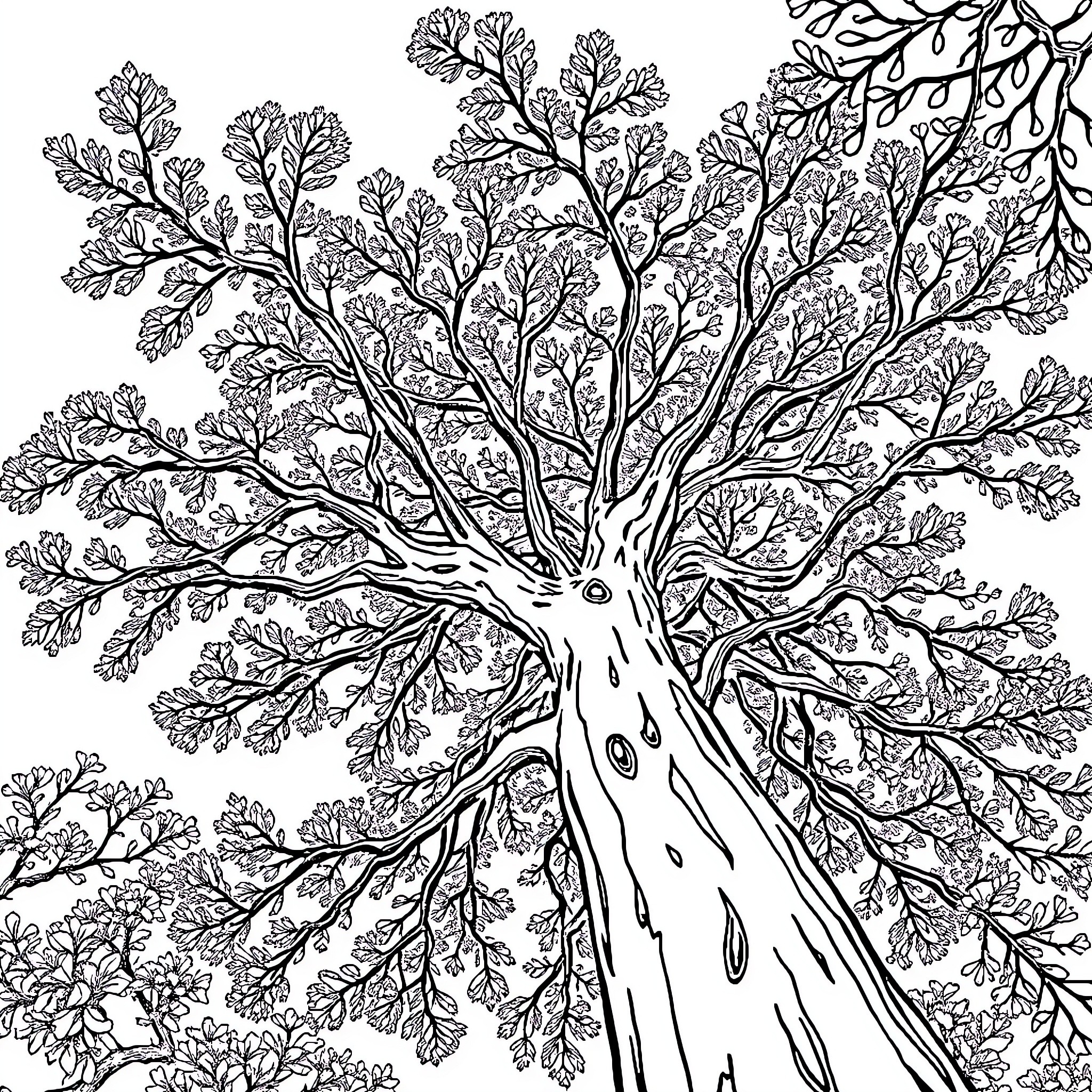 Tree with intricate branches and leaves Coloring Page (free black-and-white line drawing printable PDF for all, from beginners to advanced learners, including children, teens, adults, and seniors)