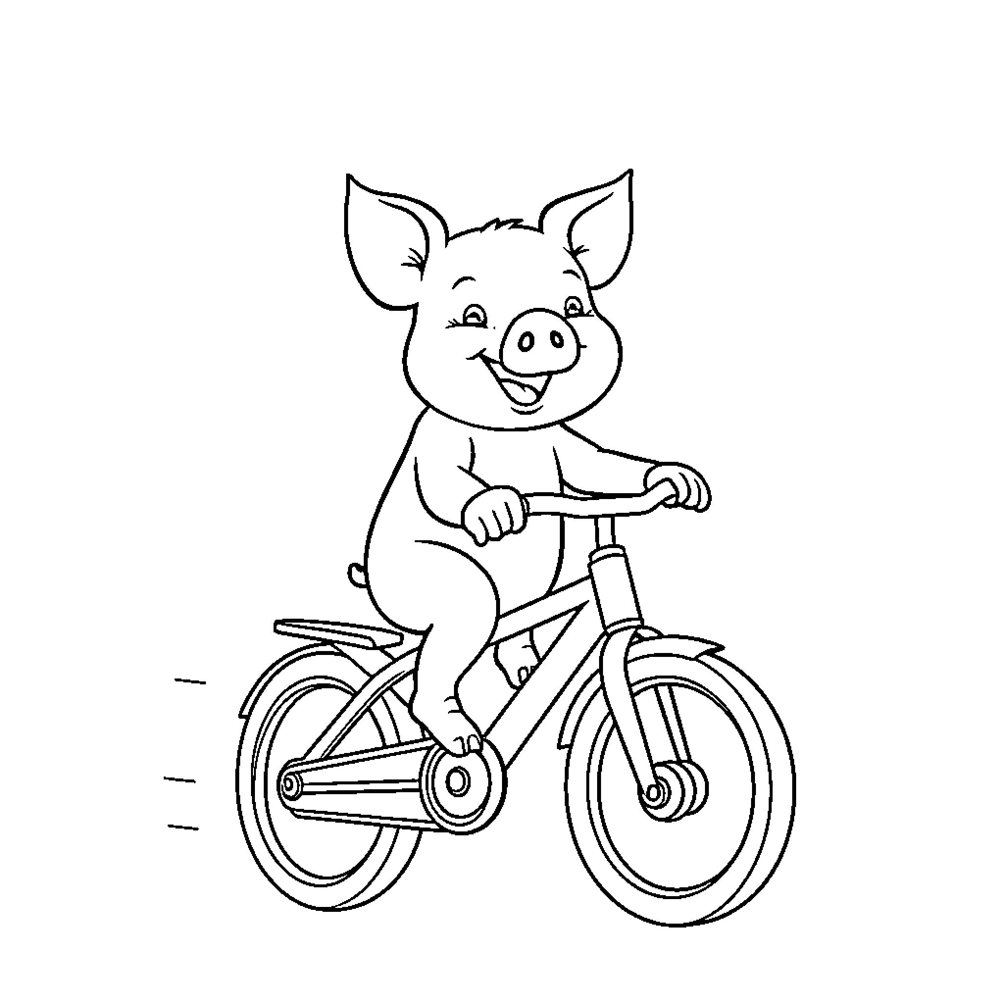 Piglet riding a bicycle happily Coloring Page (free black-and-white line drawing printable PDF for all, from beginners to advanced learners, including children, teens, adults, and seniors)