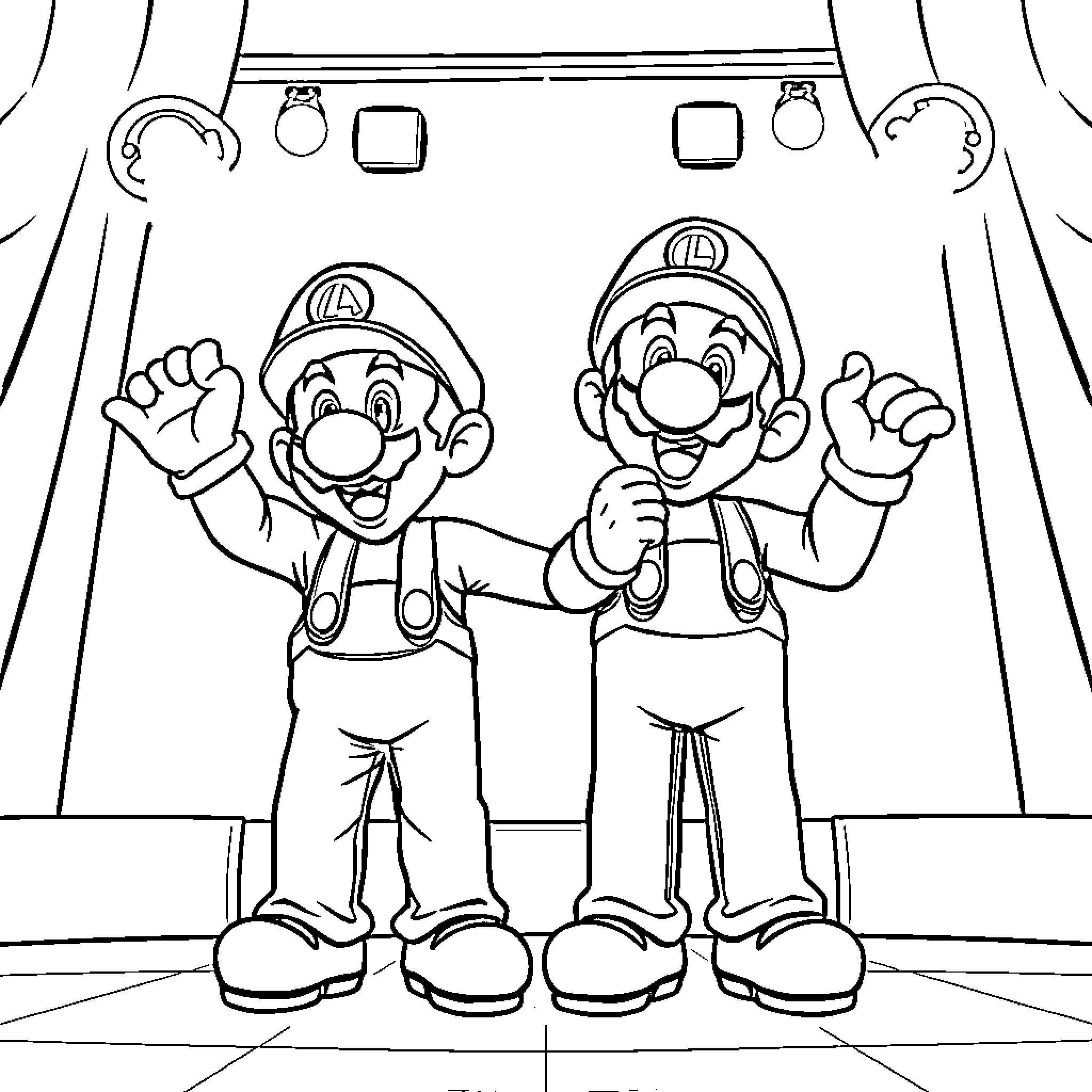 Mario and Luigi celebrating in stage Coloring Page (free black-and-white line drawing printable PDF for all, from beginners to advanced learners, including children, teens, adults, and seniors)
