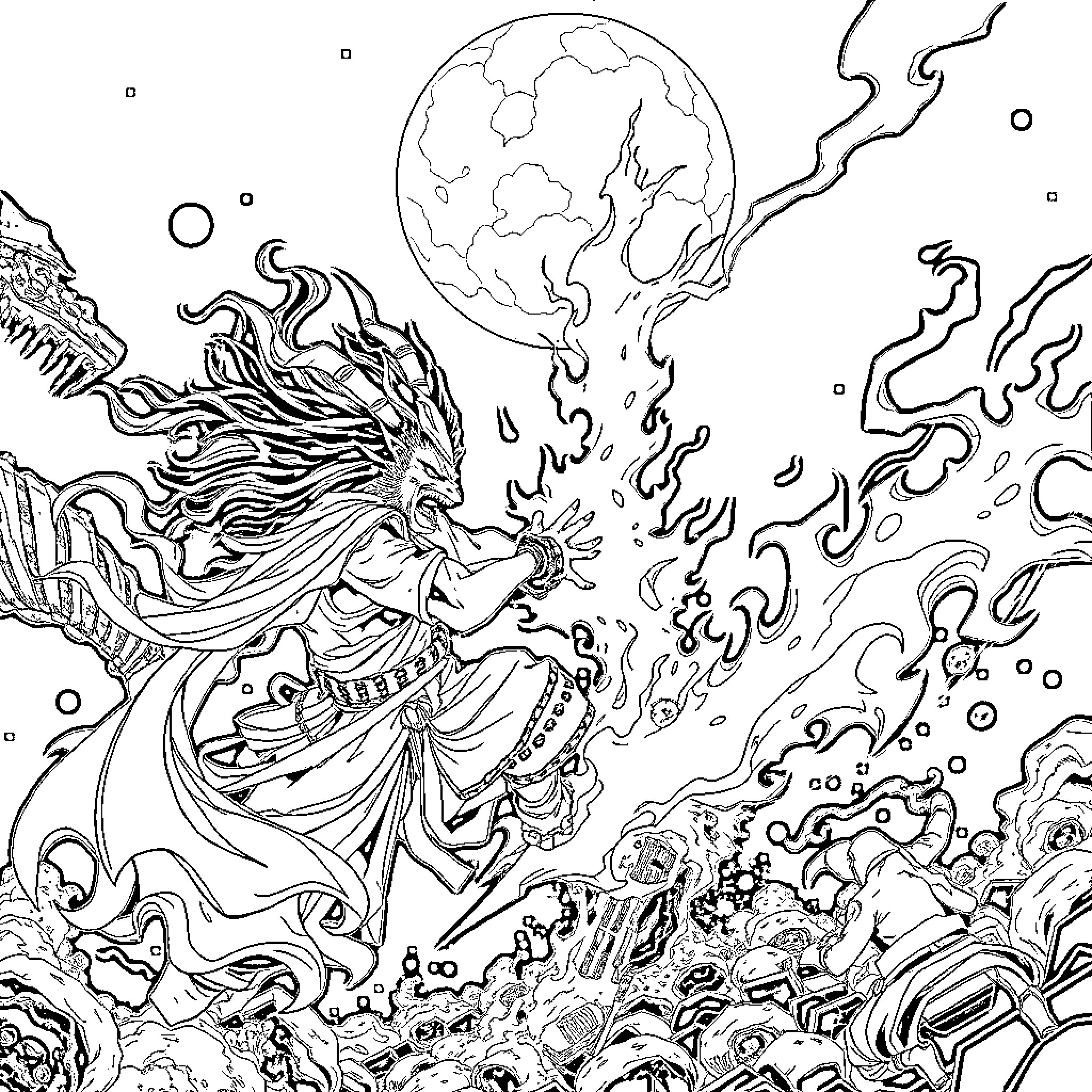 Tengen Uzui's fiery and dynamic combat in the moonlit night Coloring Page (free black-and-white line drawing printable PDF for all, from beginners to advanced learners, including children, teens, adults, and seniors)