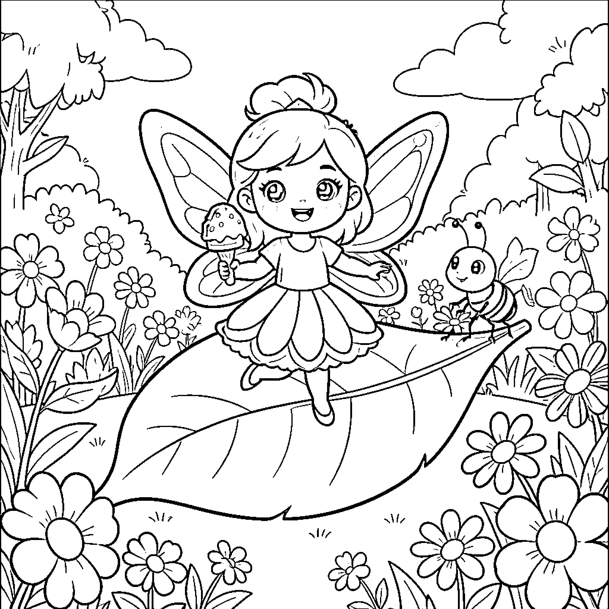 Hada, the Delightful Fairy Exploring the Enchanted Garden Coloring Page (free black-and-white line drawing printable PDF for all, from beginners to advanced learners, including children, teens, adults, and seniors)