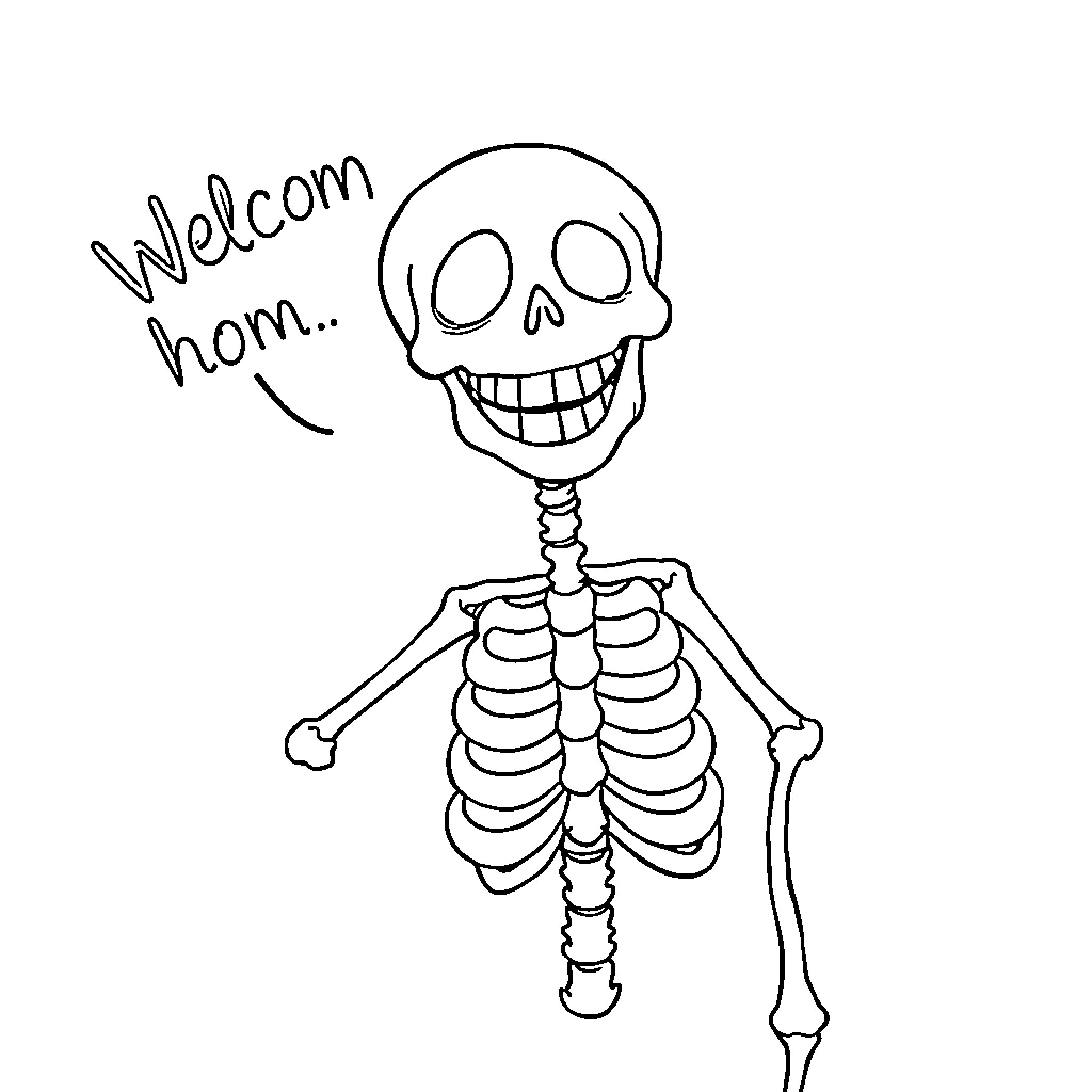 Skeleton Cheerfully Welcoming Home Coloring Page (free black-and-white line drawing printable PDF for all, from beginners to advanced learners, including children, teens, adults, and seniors)