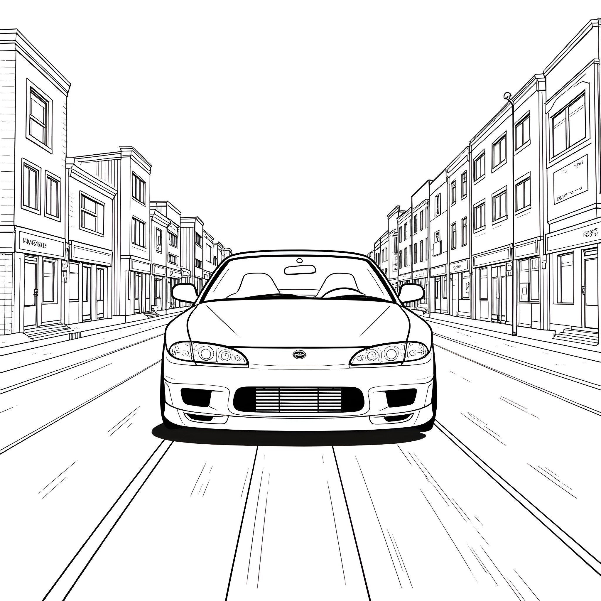 Nissan Silvia speeding through a city street Coloring Page (free black-and-white line drawing printable PDF for all, from beginners to advanced learners, including children, teens, adults, and seniors)