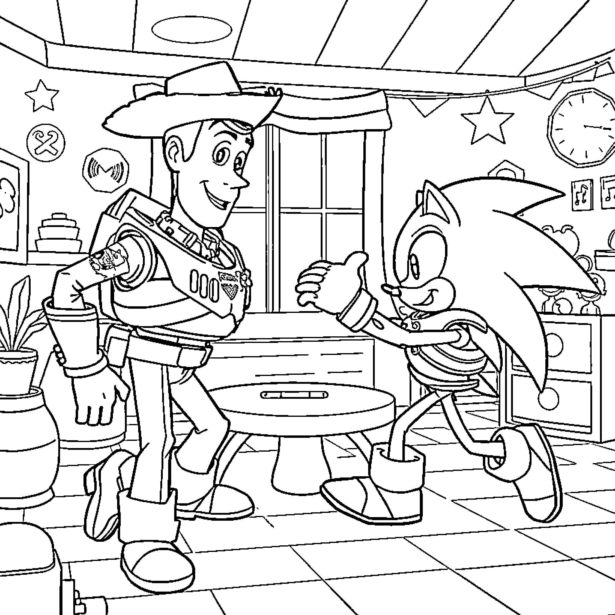 Woody and Sonic's Playful Adventure Coloring Page (free black-and-white line drawing printable PDF for all, from beginners to advanced learners, including children, teens, adults, and seniors)
