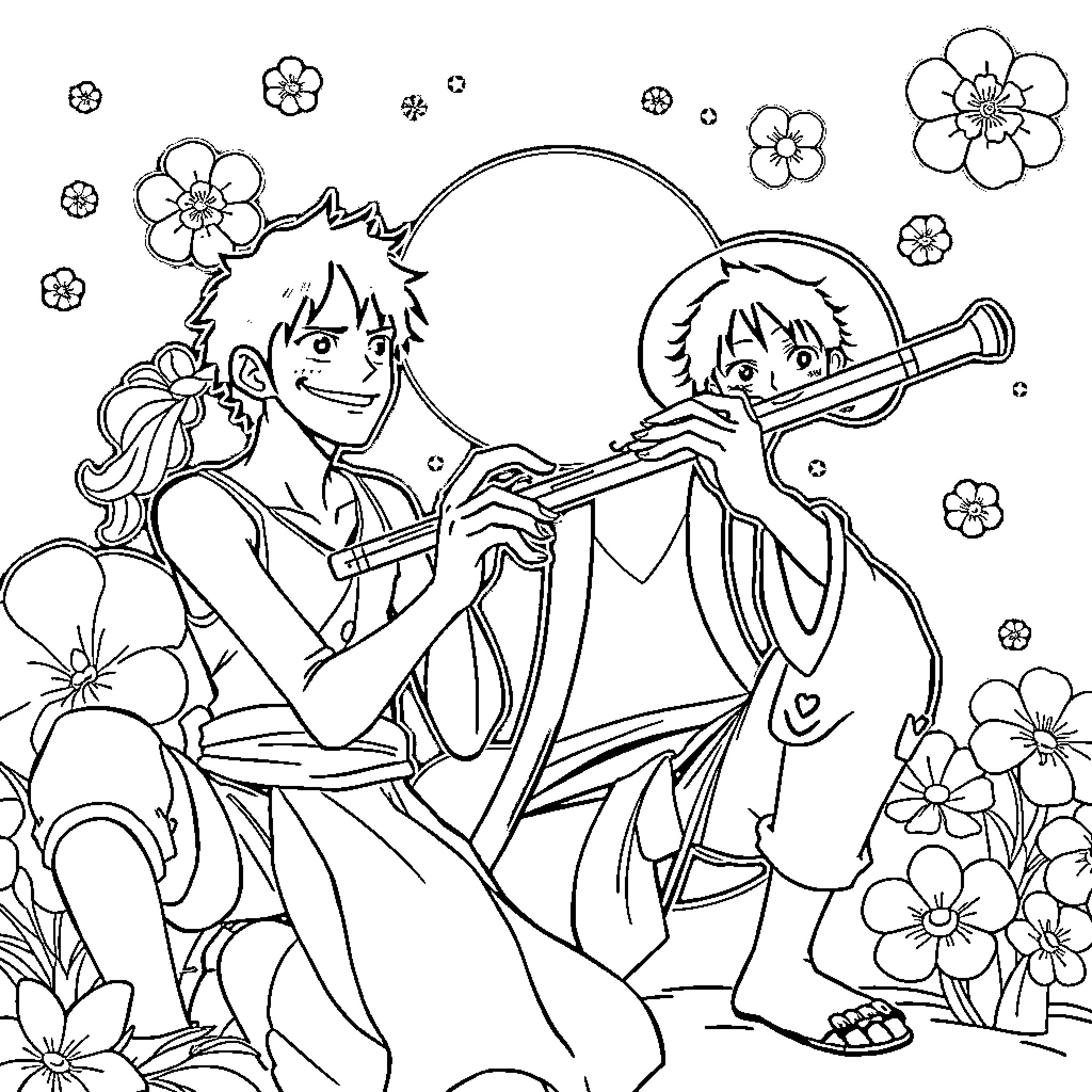 One Piece: Anime Characters in Floral Adventure Coloring Page (free black-and-white line drawing printable PDF for all, from beginners to advanced learners, including children, teens, adults, and seniors)