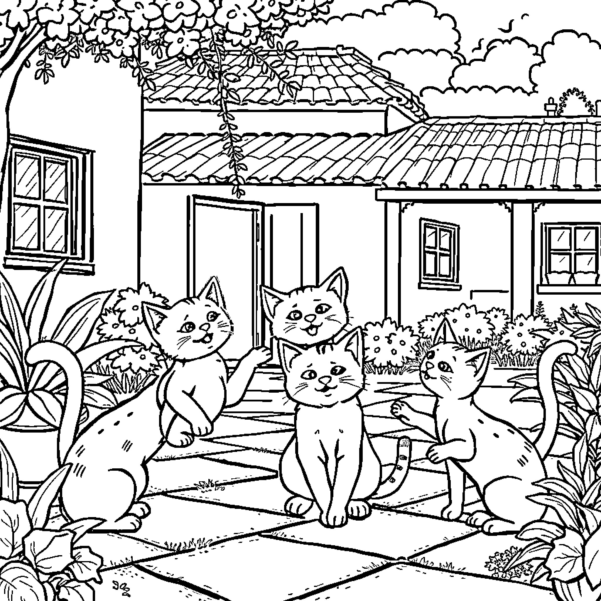 Cats exploring cozy countryside scene Coloring Page (free black-and-white line drawing printable PDF for all, from beginners to advanced learners, including children, teens, adults, and seniors)