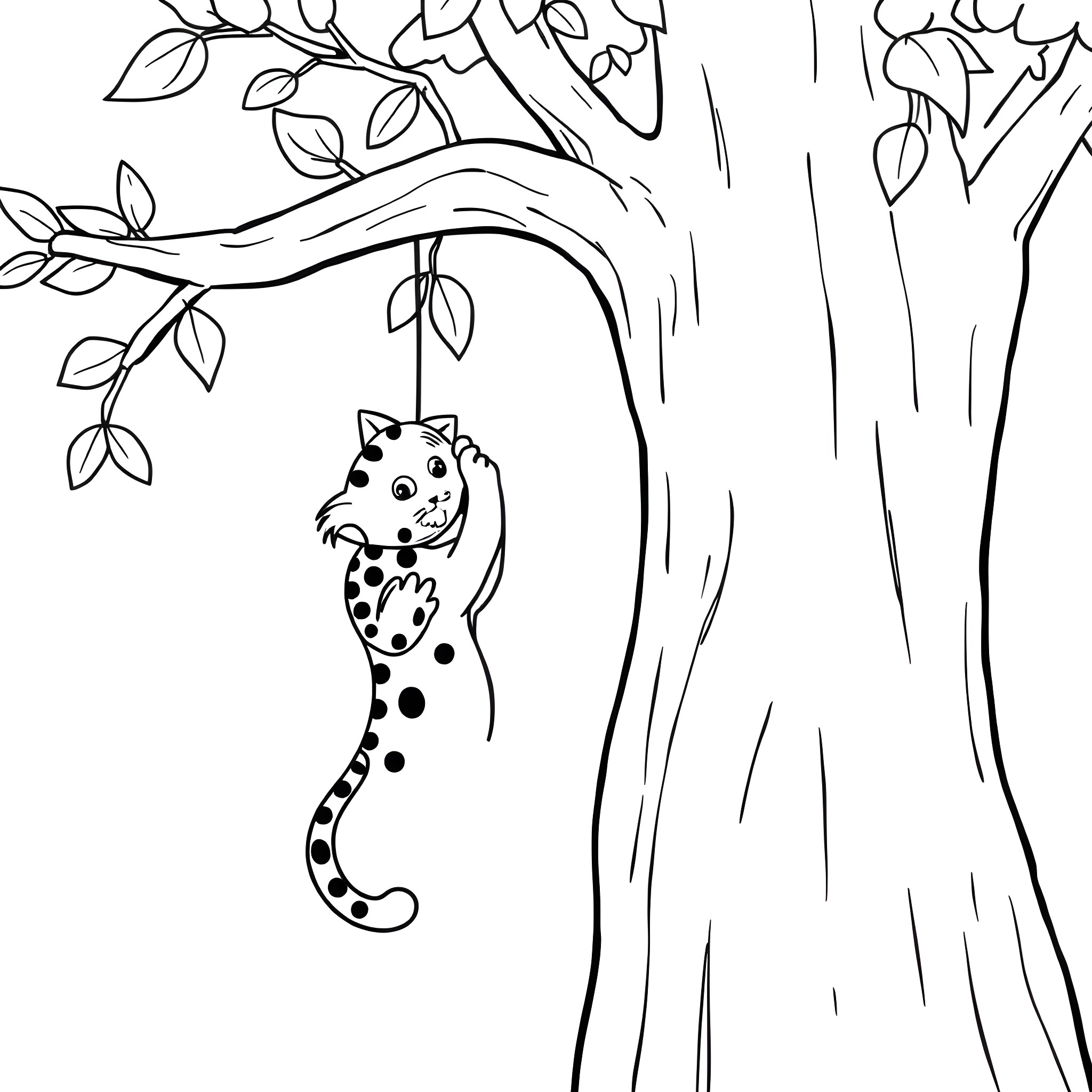 Cat playing on a tree branch Coloring Page (free black-and-white line drawing printable PDF for all, from beginners to advanced learners, including children, teens, adults, and seniors)