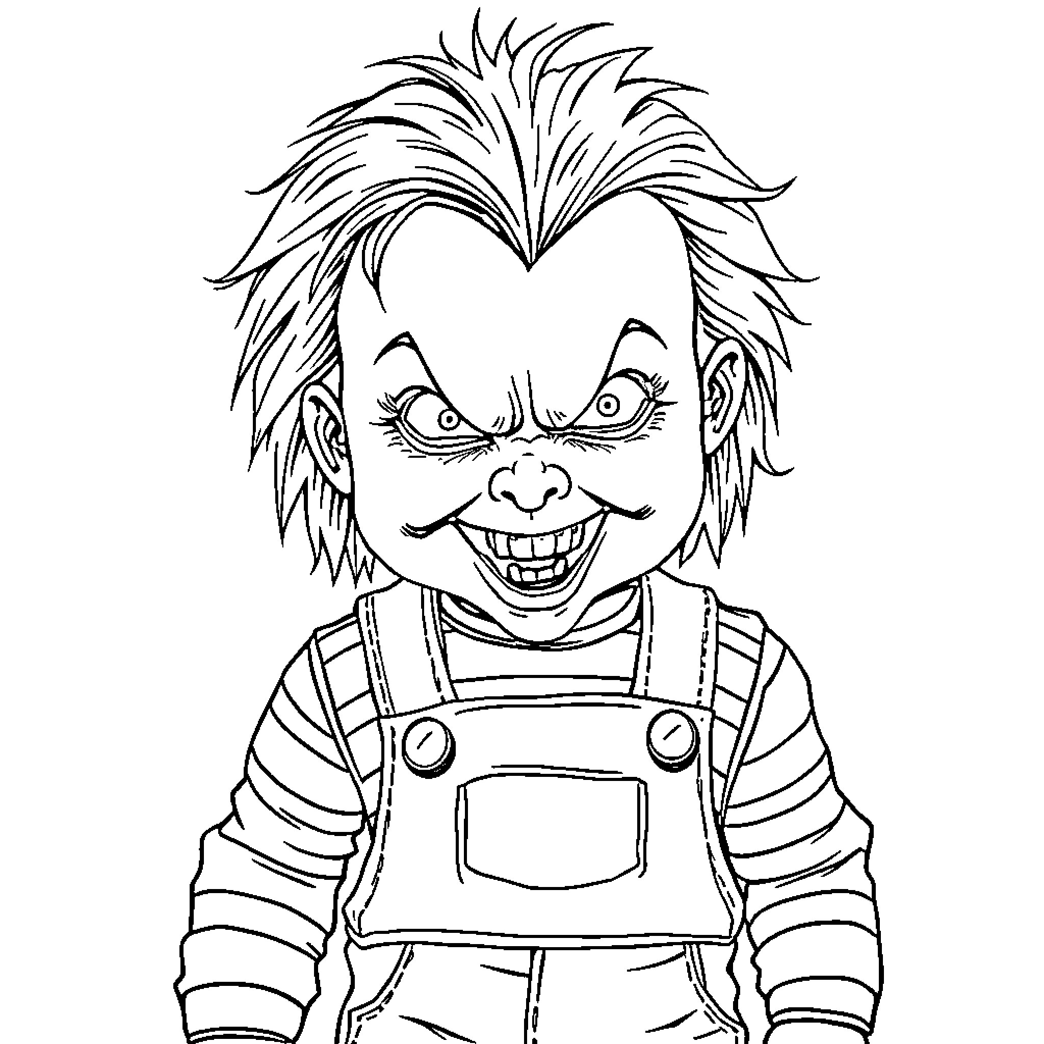 Chucky the Creepy Doll's Mischievous Expression Coloring Page (free black-and-white line drawing printable PDF for all, from beginners to advanced learners, including children, teens, adults, and seniors)