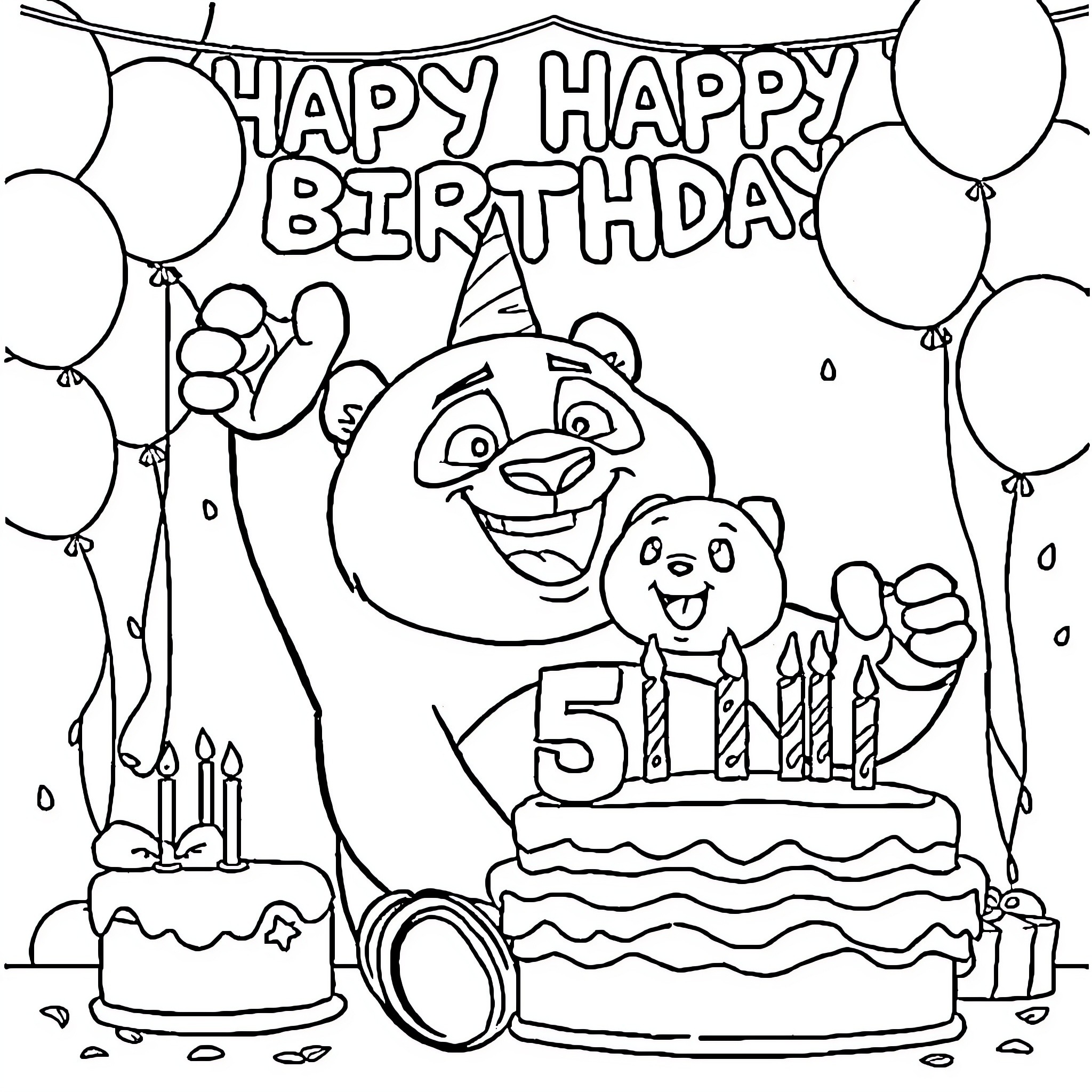 Kung Fu Panda celebrates 5th birthday party Coloring Page (free black-and-white line drawing printable PDF for all, from beginners to advanced learners, including children, teens, adults, and seniors)