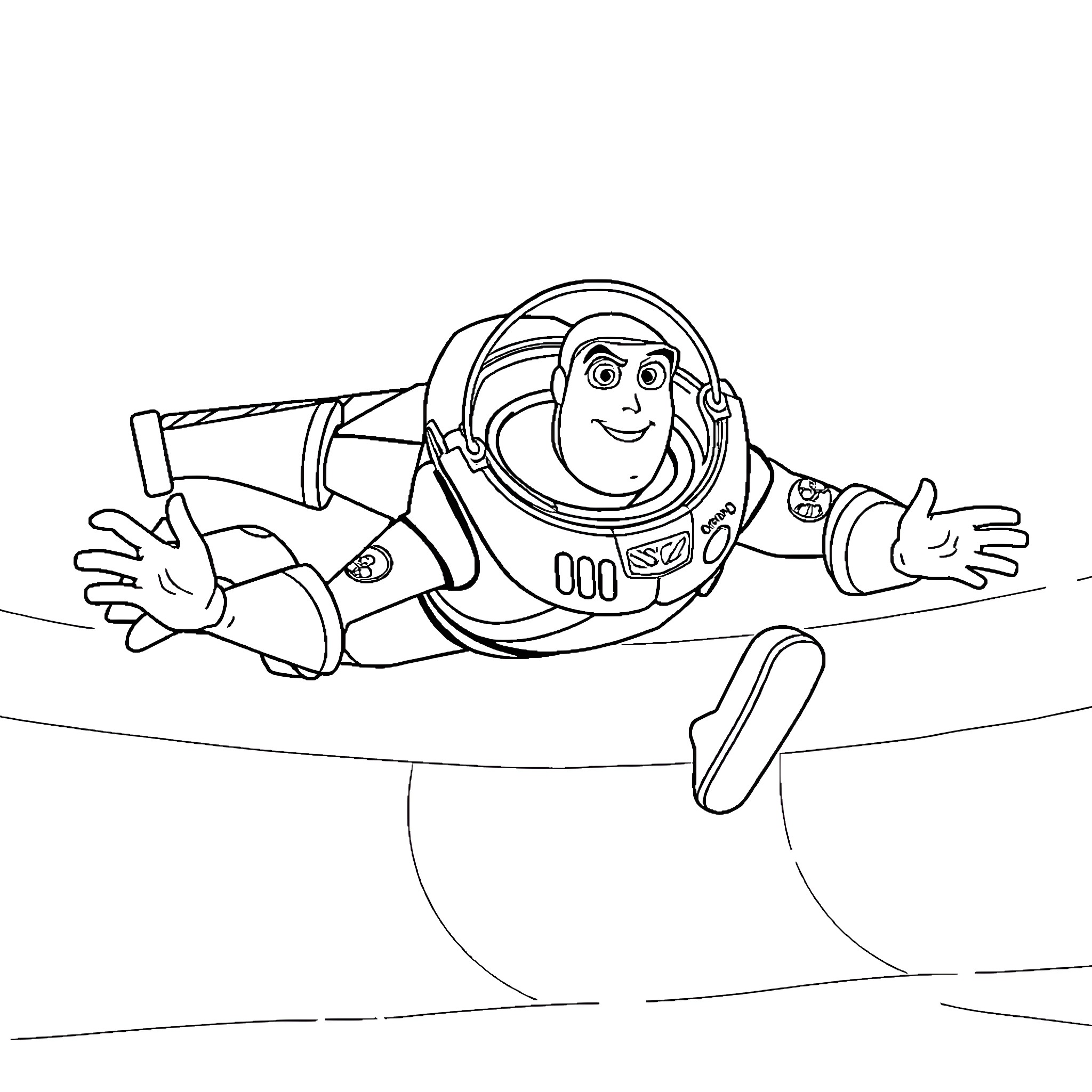Buzz Lightyear soaring through space in action Coloring Page (free black-and-white line drawing printable PDF for all, from beginners to advanced learners, including children, teens, adults, and seniors)
