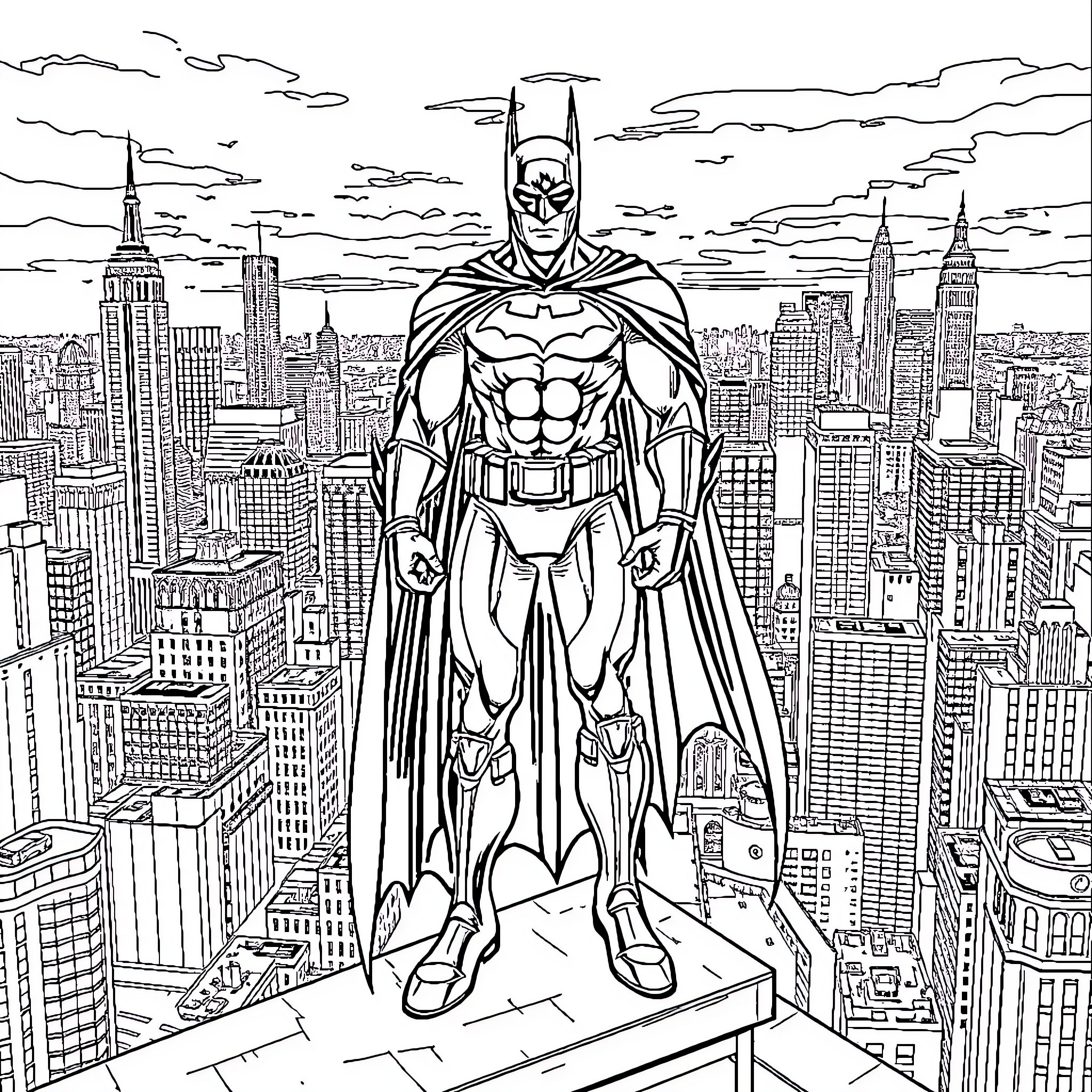 Batman heroically surveys the city skyline Coloring Page (free black-and-white line drawing printable PDF for all, from beginners to advanced learners, including children, teens, adults, and seniors)