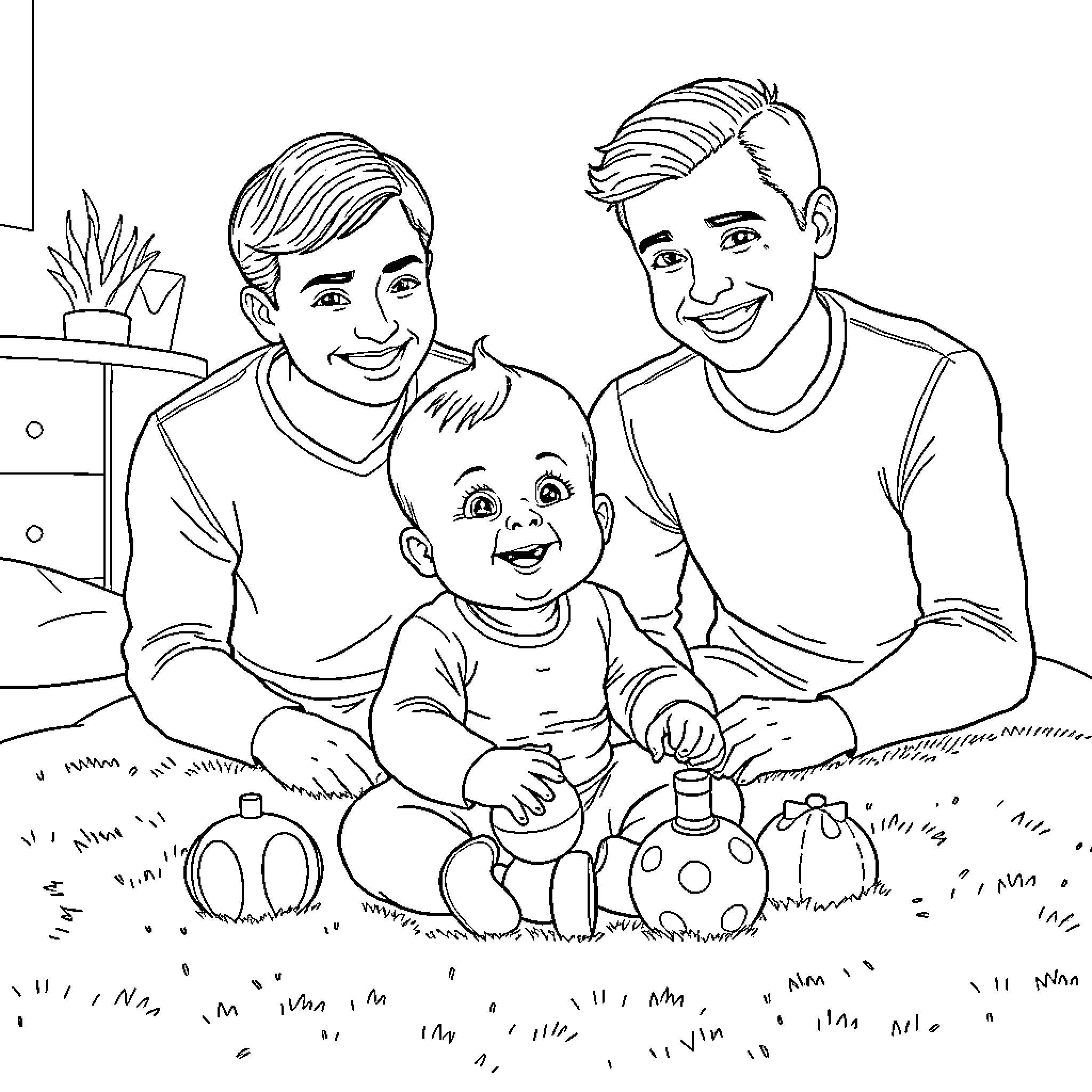 Baby playing happily with his dads in the yard Coloring Page (free black-and-white line drawing printable PDF for all, from beginners to advanced learners, including children, teens, adults, and seniors)