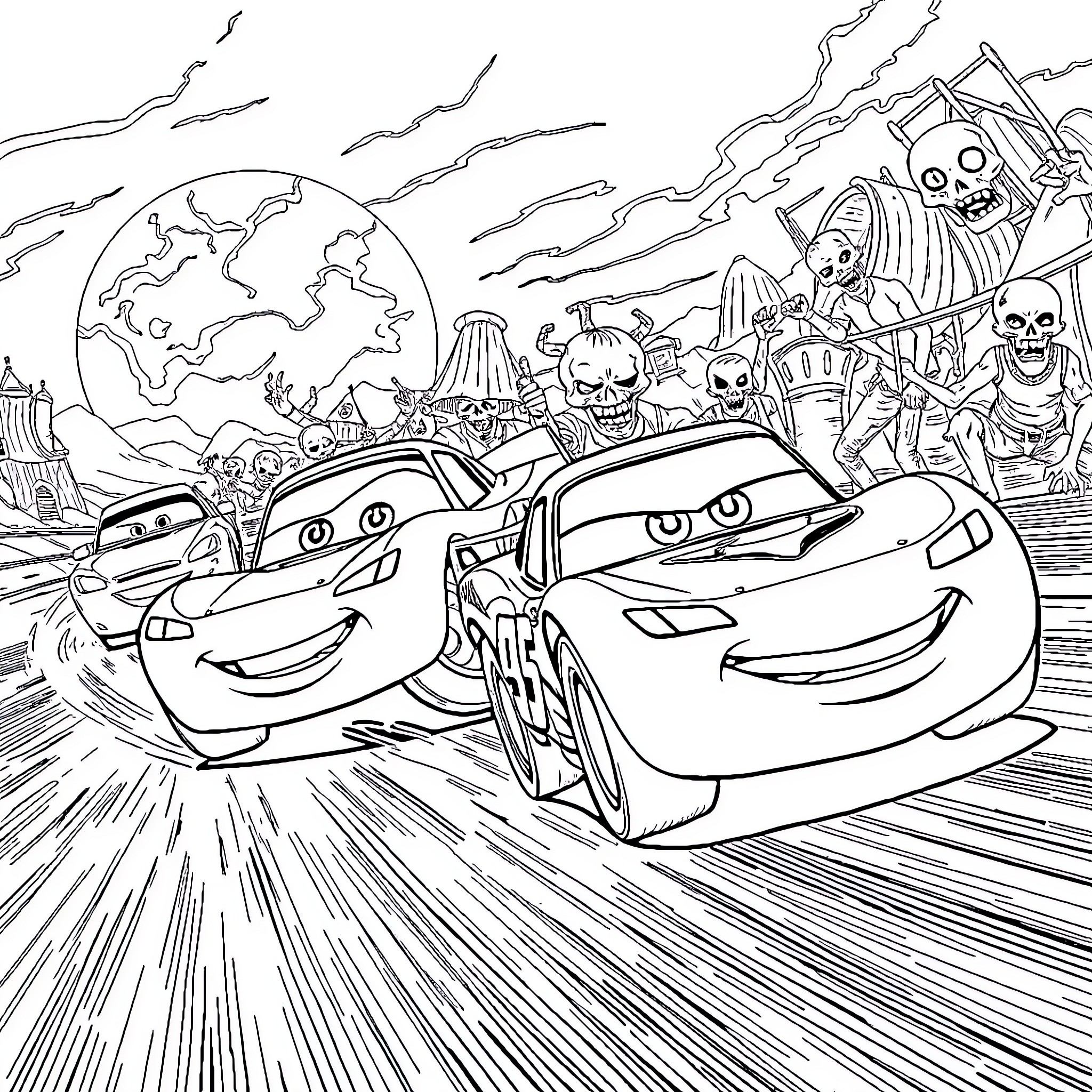 Car chase with spooky characters in the background Coloring Page (free black-and-white line drawing printable PDF for all, from beginners to advanced learners, including children, teens, adults, and seniors)