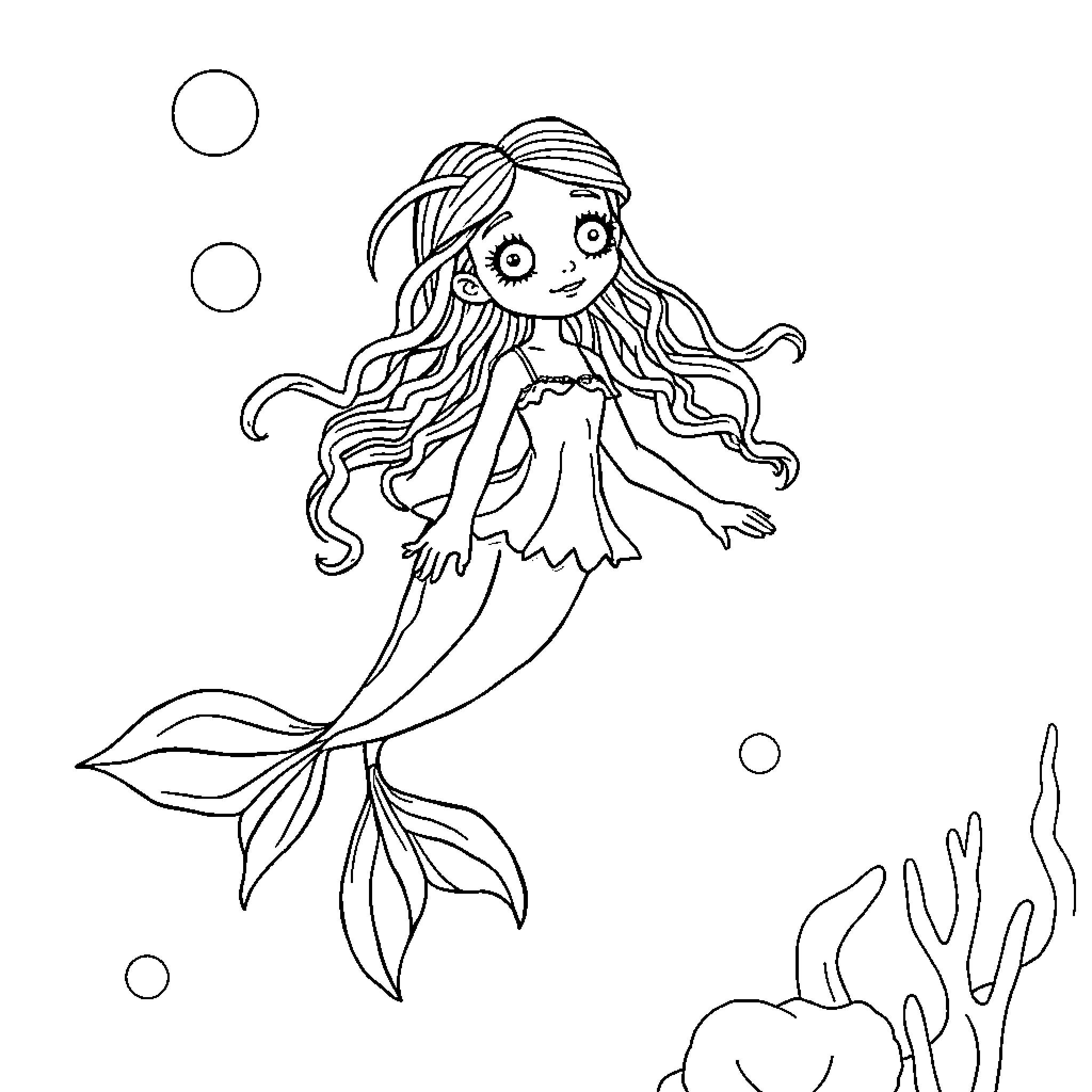 Wednesday Addams as a mermaid in the sea Coloring Page (free black-and-white line drawing printable PDF for all, from beginners to advanced learners, including children, teens, adults, and seniors)