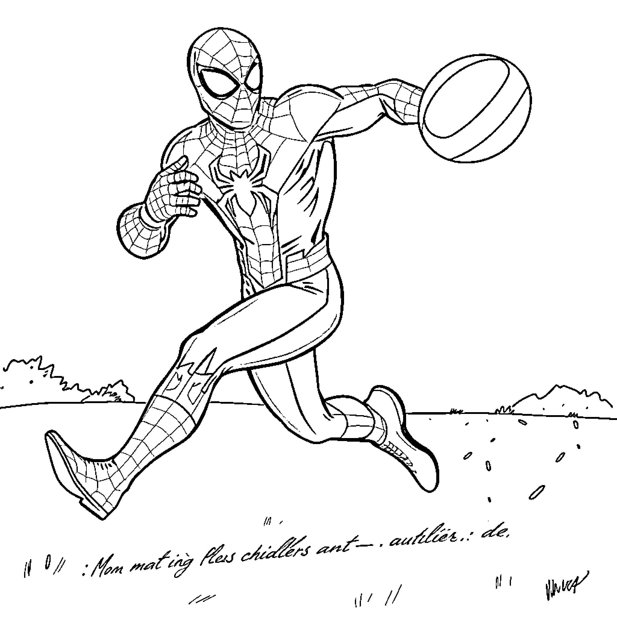 Spiderman chasing and catching a ball Coloring Page (free black-and-white line drawing printable PDF for all, from beginners to advanced learners, including children, teens, adults, and seniors)